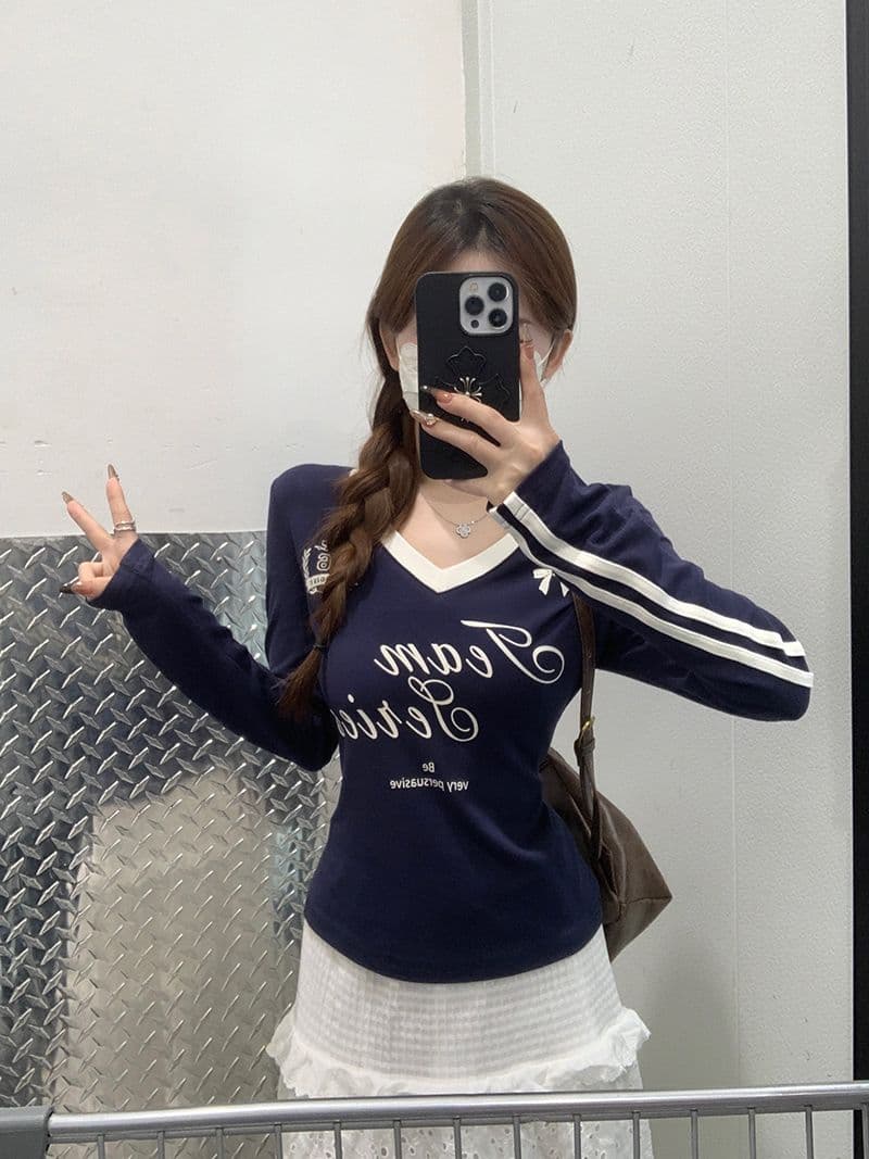 모달 아메리칸 V넥 긴팔 티셔츠 여성 가을 몸매 가꾸기 인사이드 가져 가라. 기본 셔츠 자이언트 잘 생긴 외출용 맨위 상세 이미지 21