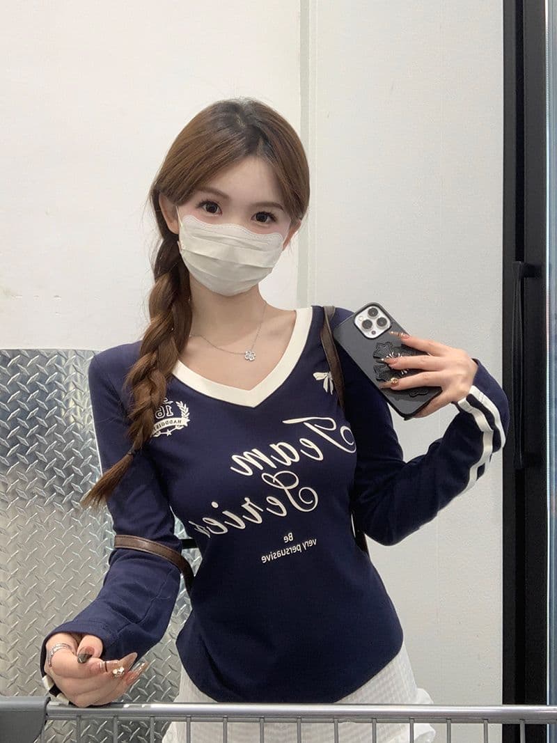 모달 아메리칸 V넥 긴팔 티셔츠 여성 가을 몸매 가꾸기 인사이드 가져 가라. 기본 셔츠 자이언트 잘 생긴 외출용 맨위 상세 이미지 22