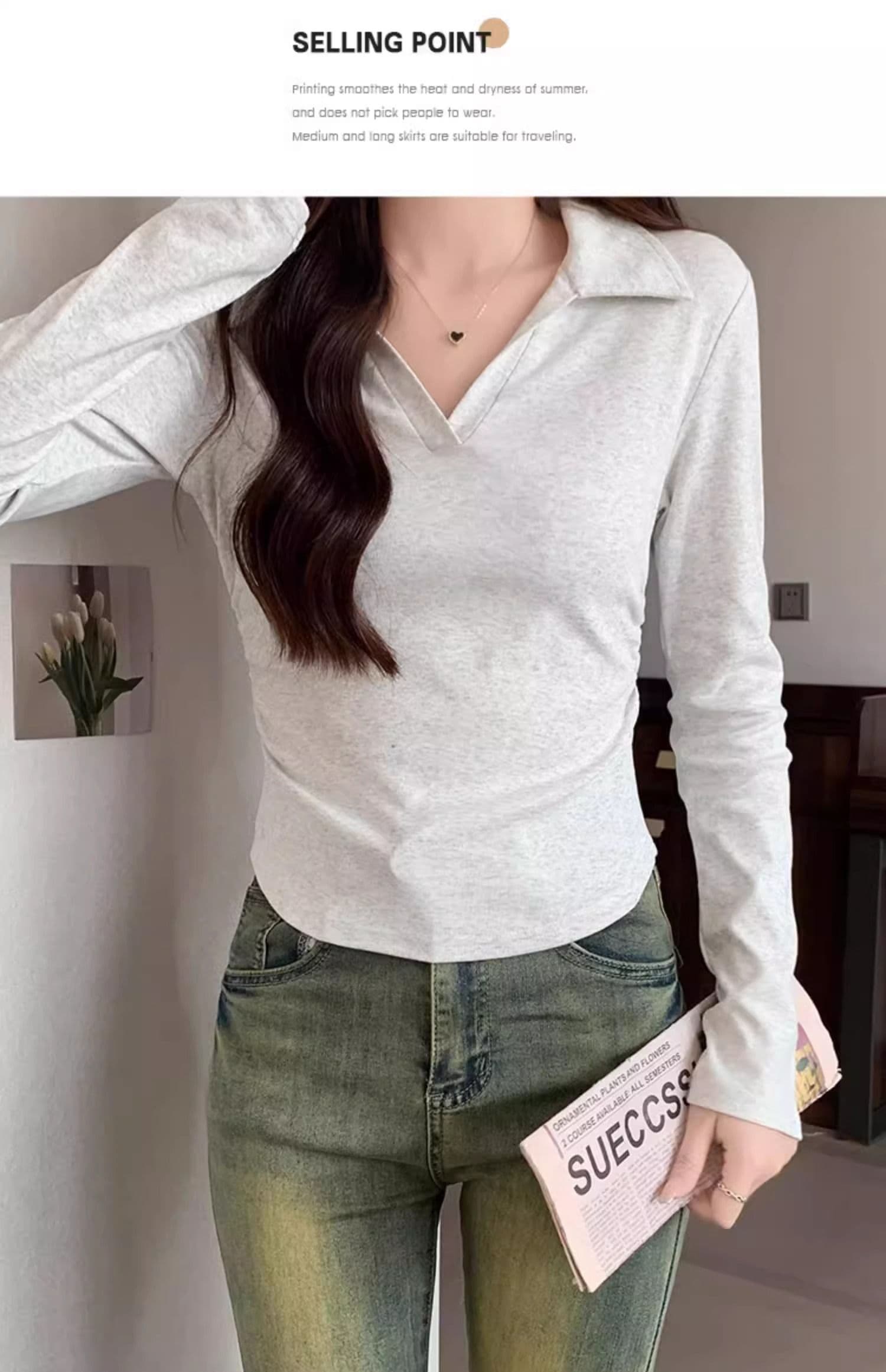 40 1 1 리브 면 허리 수축 POLO 칼라 긴팔 기본 셔츠 여성 가을 핫걸 펌프 Pleat 티셔츠 슬림해 보이는 맨위 상세 이미지 3
