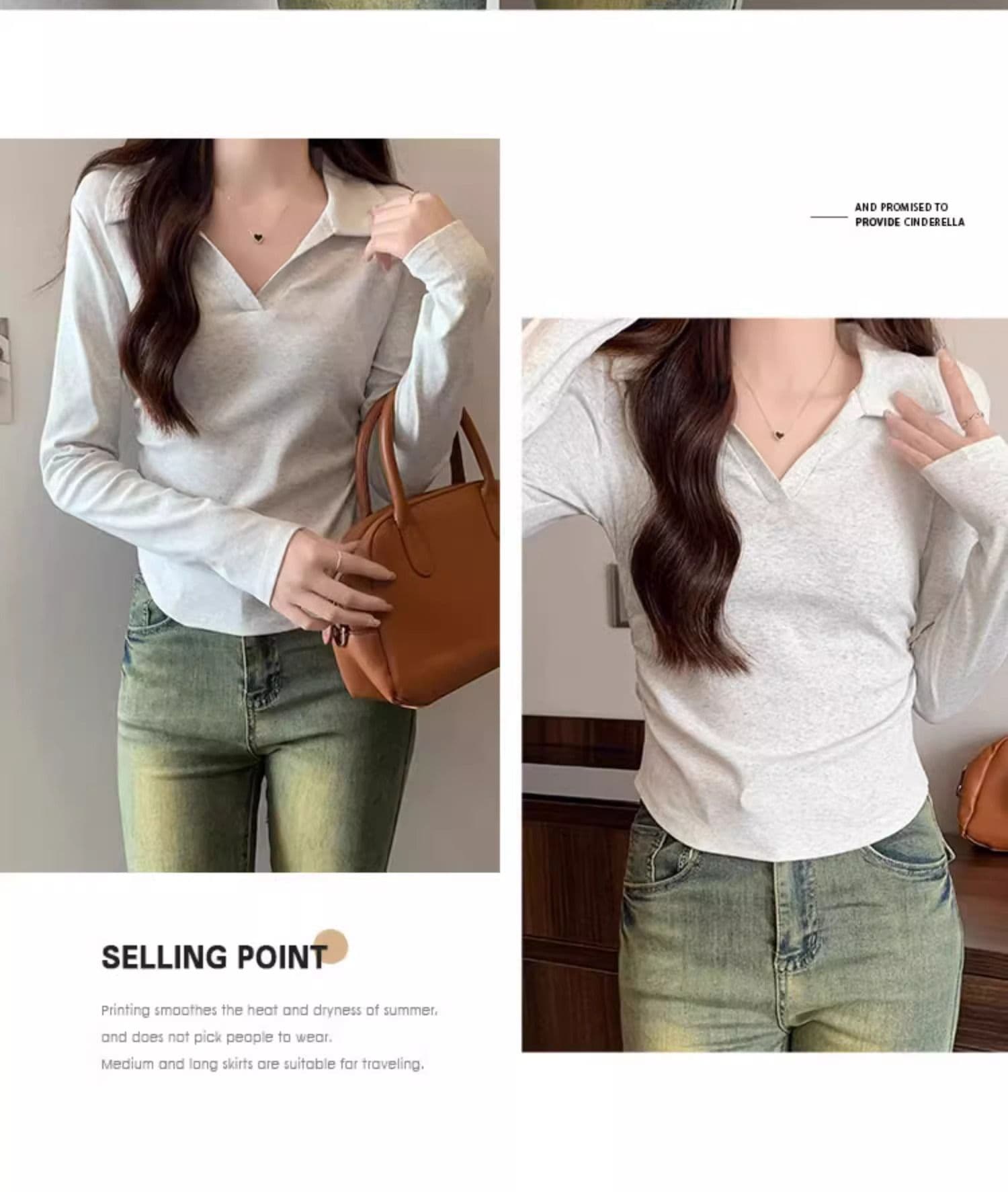 40 1 1 리브 면 허리 수축 POLO 칼라 긴팔 기본 셔츠 여성 가을 핫걸 펌프 Pleat 티셔츠 슬림해 보이는 맨위 상세 이미지 4
