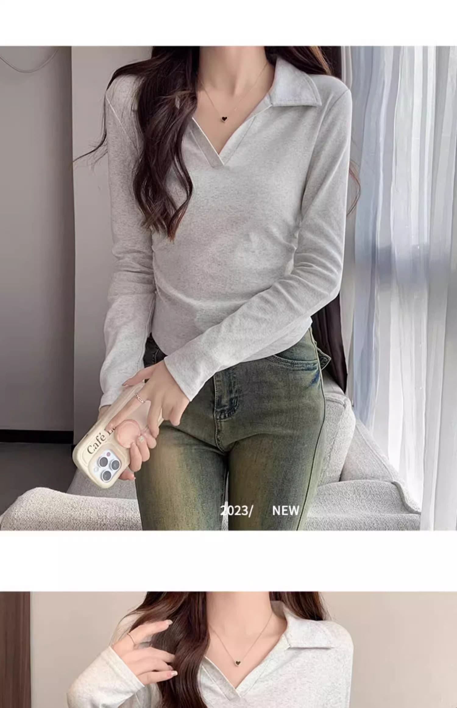 40 1 1 리브 면 허리 수축 POLO 칼라 긴팔 기본 셔츠 여성 가을 핫걸 펌프 Pleat 티셔츠 슬림해 보이는 맨위 상세 이미지 5