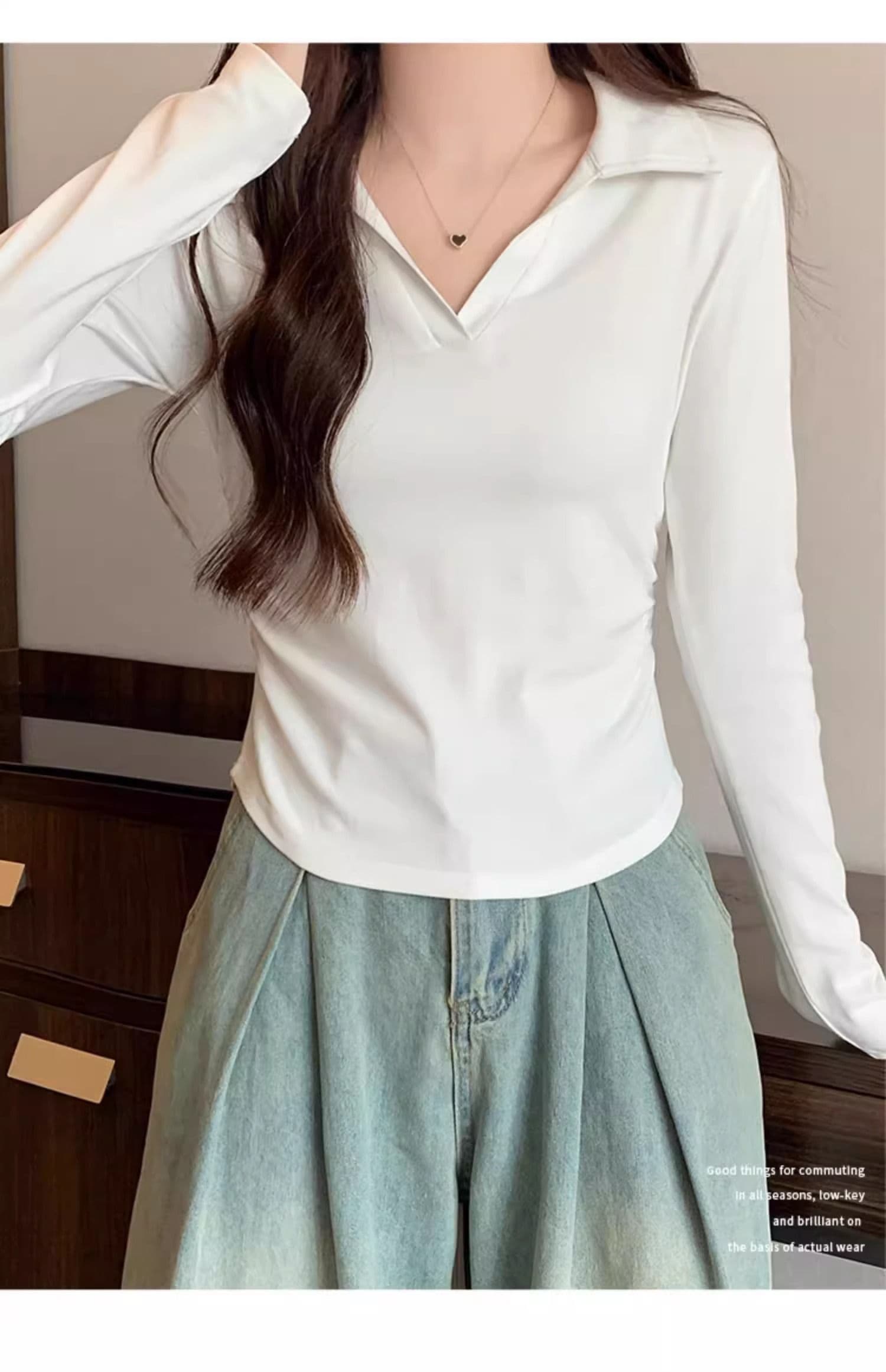 40 1 1 리브 면 허리 수축 POLO 칼라 긴팔 기본 셔츠 여성 가을 핫걸 펌프 Pleat 티셔츠 슬림해 보이는 맨위 상세 이미지 7