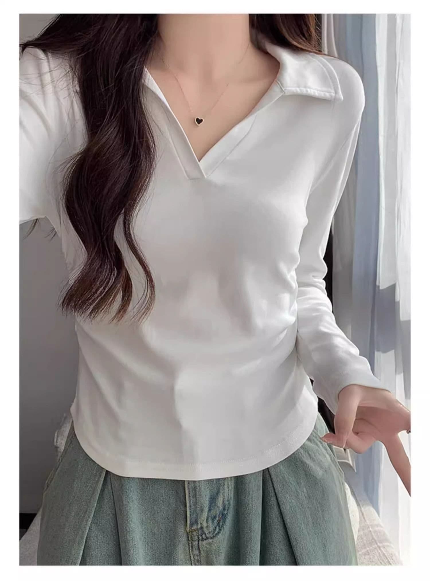 40 1 1 리브 면 허리 수축 POLO 칼라 긴팔 기본 셔츠 여성 가을 핫걸 펌프 Pleat 티셔츠 슬림해 보이는 맨위 상세 이미지 8