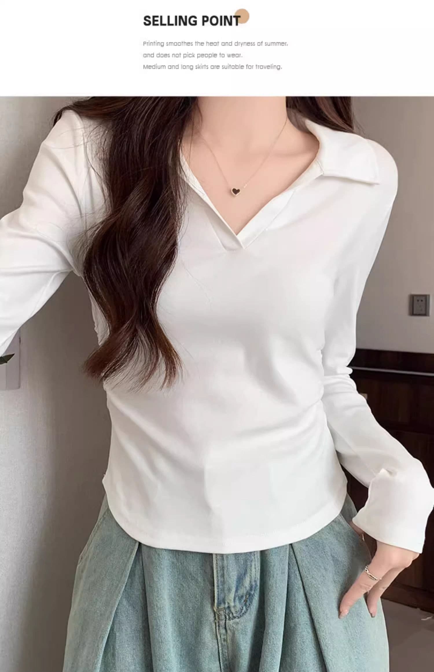 40 1 1 리브 면 허리 수축 POLO 칼라 긴팔 기본 셔츠 여성 가을 핫걸 펌프 Pleat 티셔츠 슬림해 보이는 맨위 상세 이미지 9