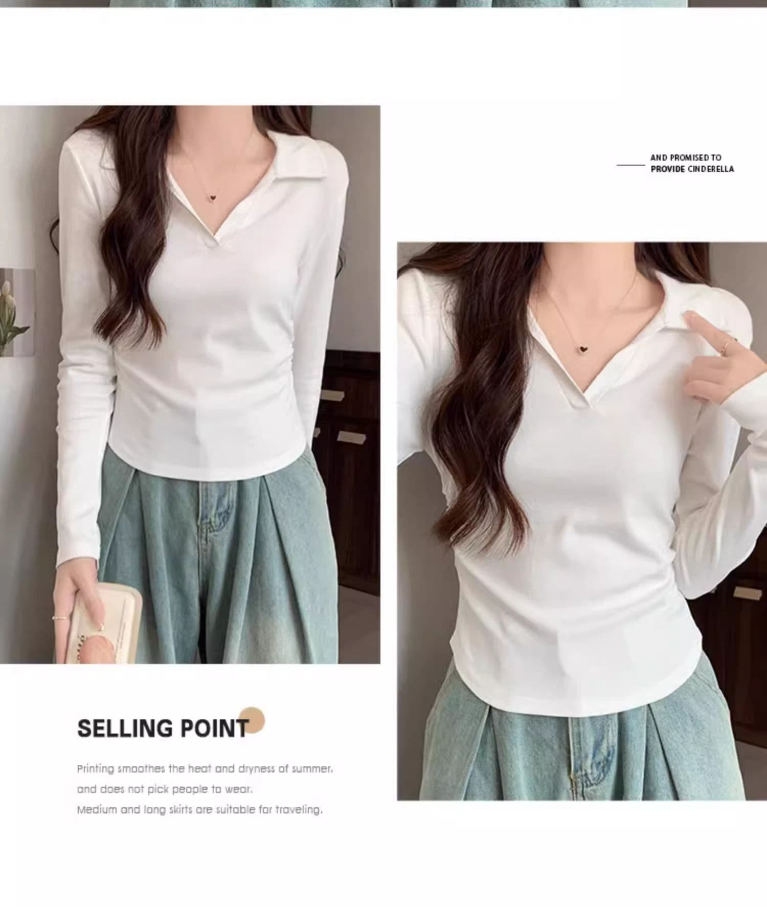 40 1 1 리브 면 허리 수축 POLO 칼라 긴팔 기본 셔츠 여성 가을 핫걸 펌프 Pleat 티셔츠 슬림해 보이는 맨위 상세 이미지 10