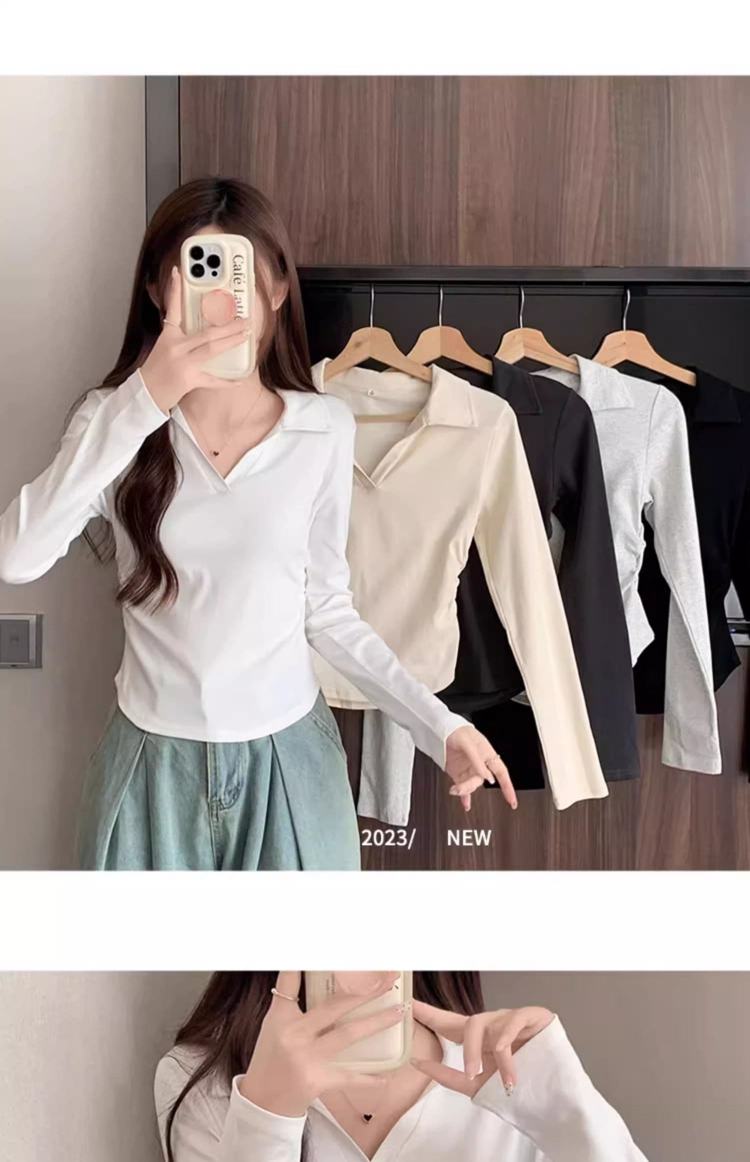 40 1 1 리브 면 허리 수축 POLO 칼라 긴팔 기본 셔츠 여성 가을 핫걸 펌프 Pleat 티셔츠 슬림해 보이는 맨위 상세 이미지 11