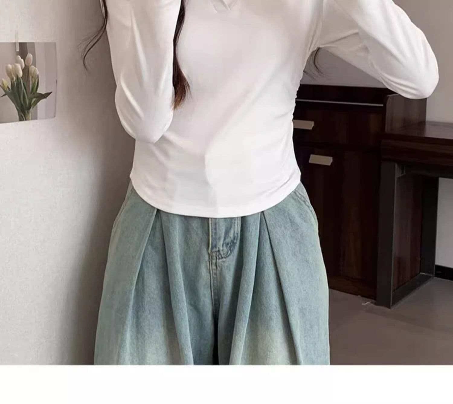 40 1 1 리브 면 허리 수축 POLO 칼라 긴팔 기본 셔츠 여성 가을 핫걸 펌프 Pleat 티셔츠 슬림해 보이는 맨위 상세 이미지 12