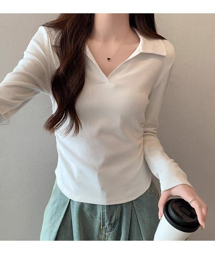 40 1 1 리브 면 허리 수축 POLO 칼라 긴팔 기본 셔츠 여성 가을 핫걸 펌프 Pleat 티셔츠 슬림해 보이는 맨위 상세 이미지 13