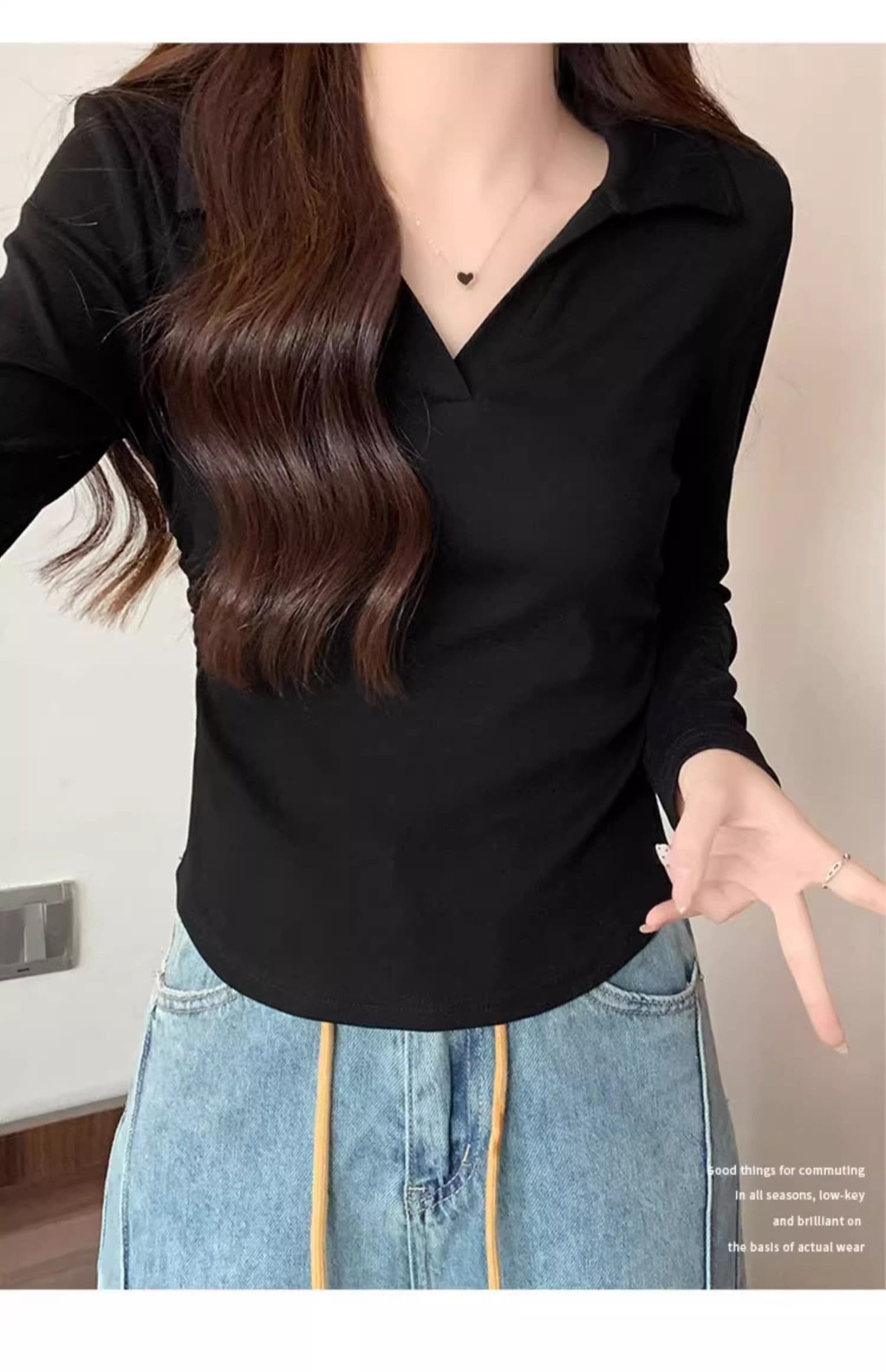40 1 1 리브 면 허리 수축 POLO 칼라 긴팔 기본 셔츠 여성 가을 핫걸 펌프 Pleat 티셔츠 슬림해 보이는 맨위 상세 이미지 14