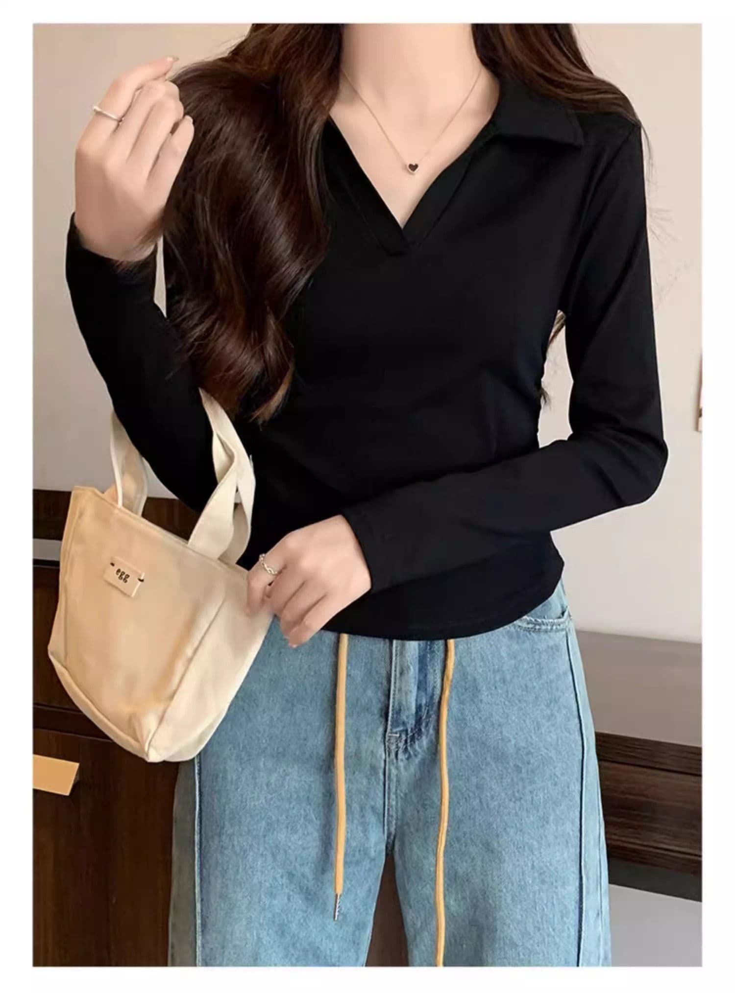 40 1 1 리브 면 허리 수축 POLO 칼라 긴팔 기본 셔츠 여성 가을 핫걸 펌프 Pleat 티셔츠 슬림해 보이는 맨위 상세 이미지 15
