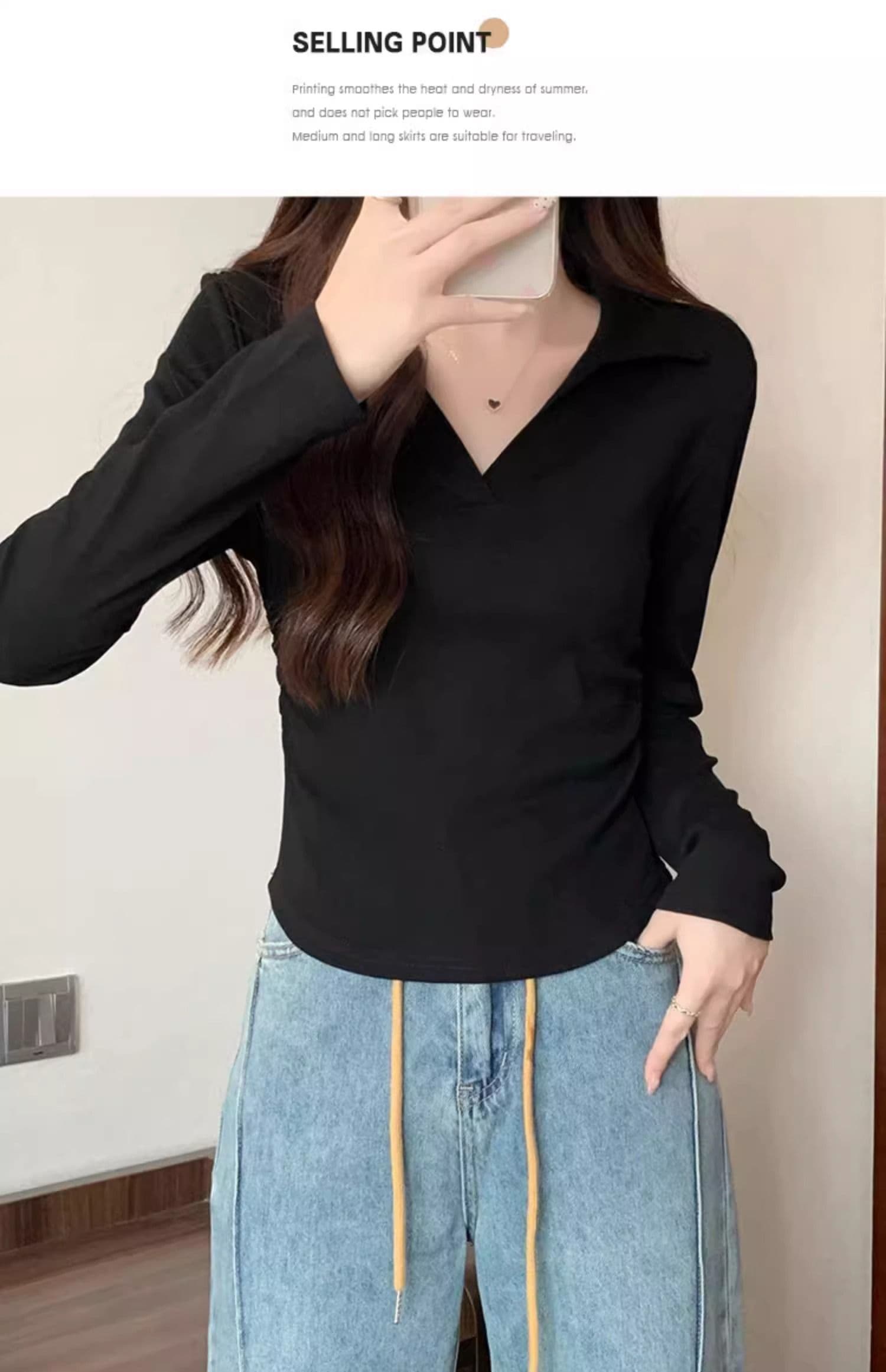 40 1 1 리브 면 허리 수축 POLO 칼라 긴팔 기본 셔츠 여성 가을 핫걸 펌프 Pleat 티셔츠 슬림해 보이는 맨위 상세 이미지 16