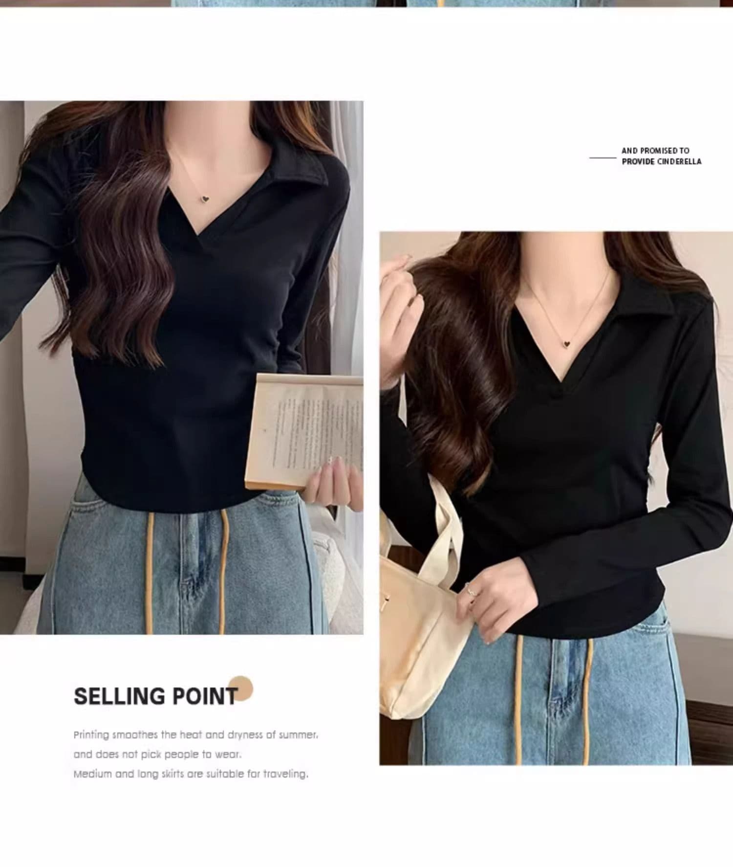 40 1 1 리브 면 허리 수축 POLO 칼라 긴팔 기본 셔츠 여성 가을 핫걸 펌프 Pleat 티셔츠 슬림해 보이는 맨위 상세 이미지 17