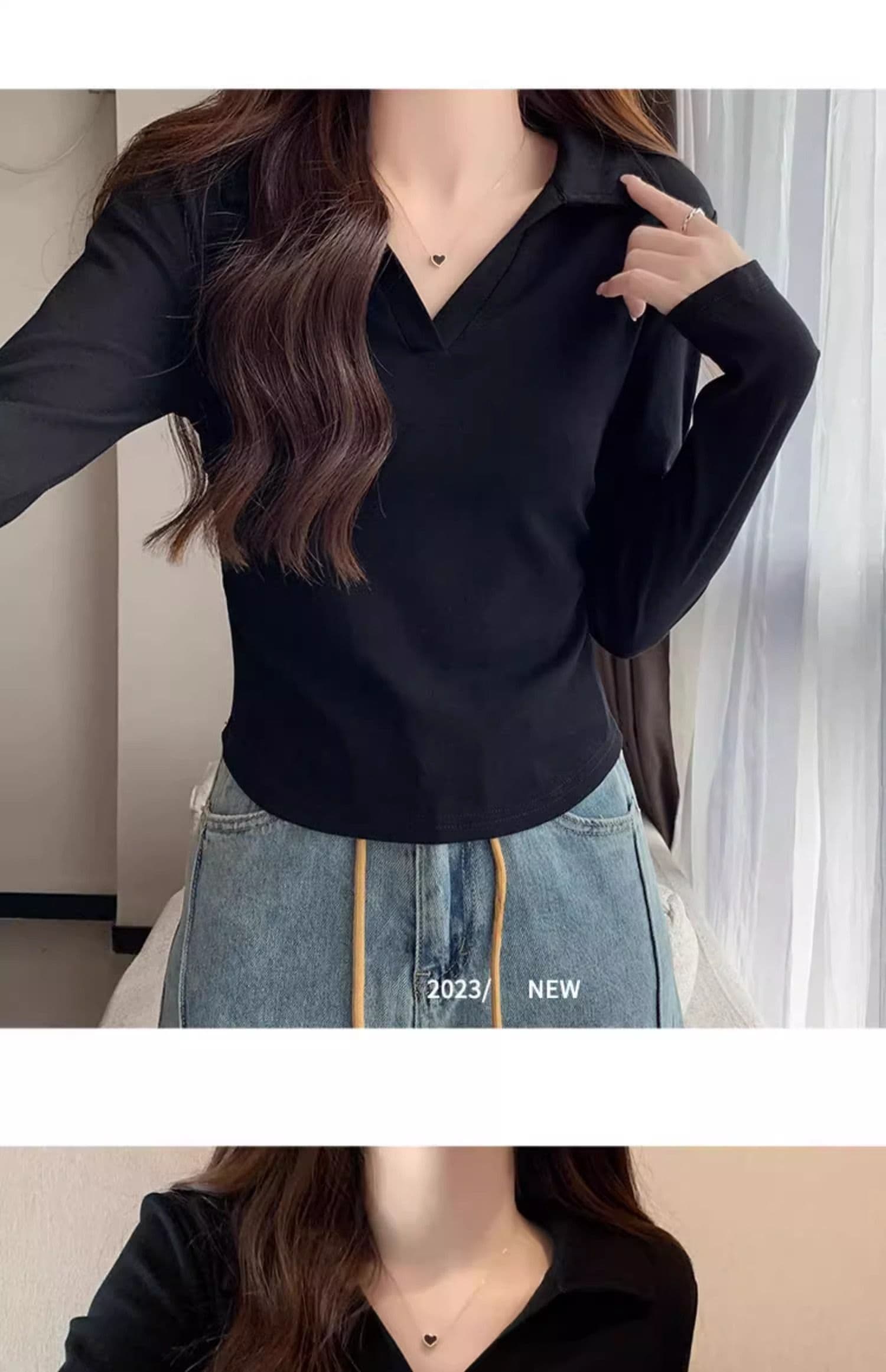 40 1 1 리브 면 허리 수축 POLO 칼라 긴팔 기본 셔츠 여성 가을 핫걸 펌프 Pleat 티셔츠 슬림해 보이는 맨위 상세 이미지 18