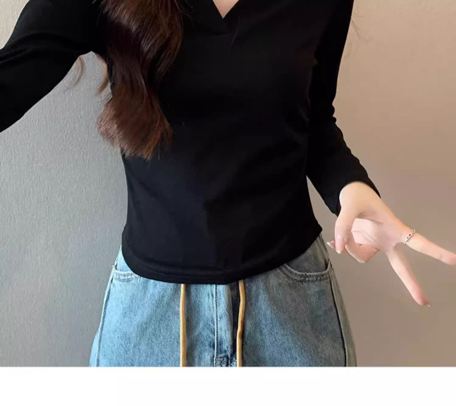 40 1 1 리브 면 허리 수축 POLO 칼라 긴팔 기본 셔츠 여성 가을 핫걸 펌프 Pleat 티셔츠 슬림해 보이는 맨위 상세 이미지 19