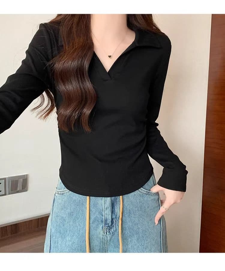 40 1 1 리브 면 허리 수축 POLO 칼라 긴팔 기본 셔츠 여성 가을 핫걸 펌프 Pleat 티셔츠 슬림해 보이는 맨위 상세 이미지 20