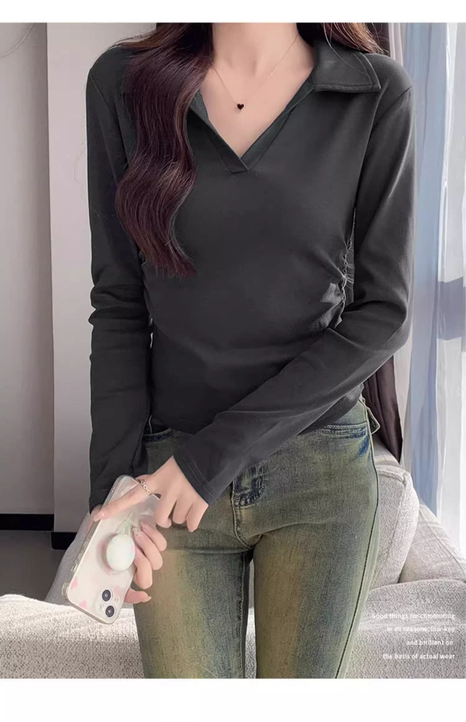 40 1 1 리브 면 허리 수축 POLO 칼라 긴팔 기본 셔츠 여성 가을 핫걸 펌프 Pleat 티셔츠 슬림해 보이는 맨위 상세 이미지 21
