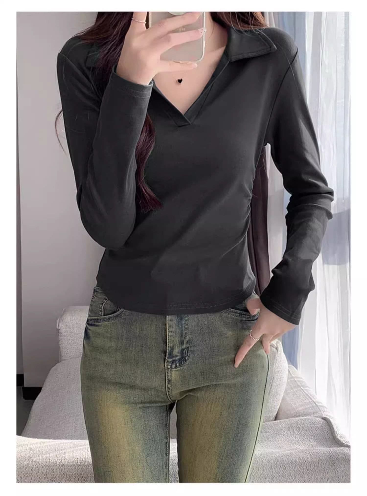 40 1 1 리브 면 허리 수축 POLO 칼라 긴팔 기본 셔츠 여성 가을 핫걸 펌프 Pleat 티셔츠 슬림해 보이는 맨위 상세 이미지 22
