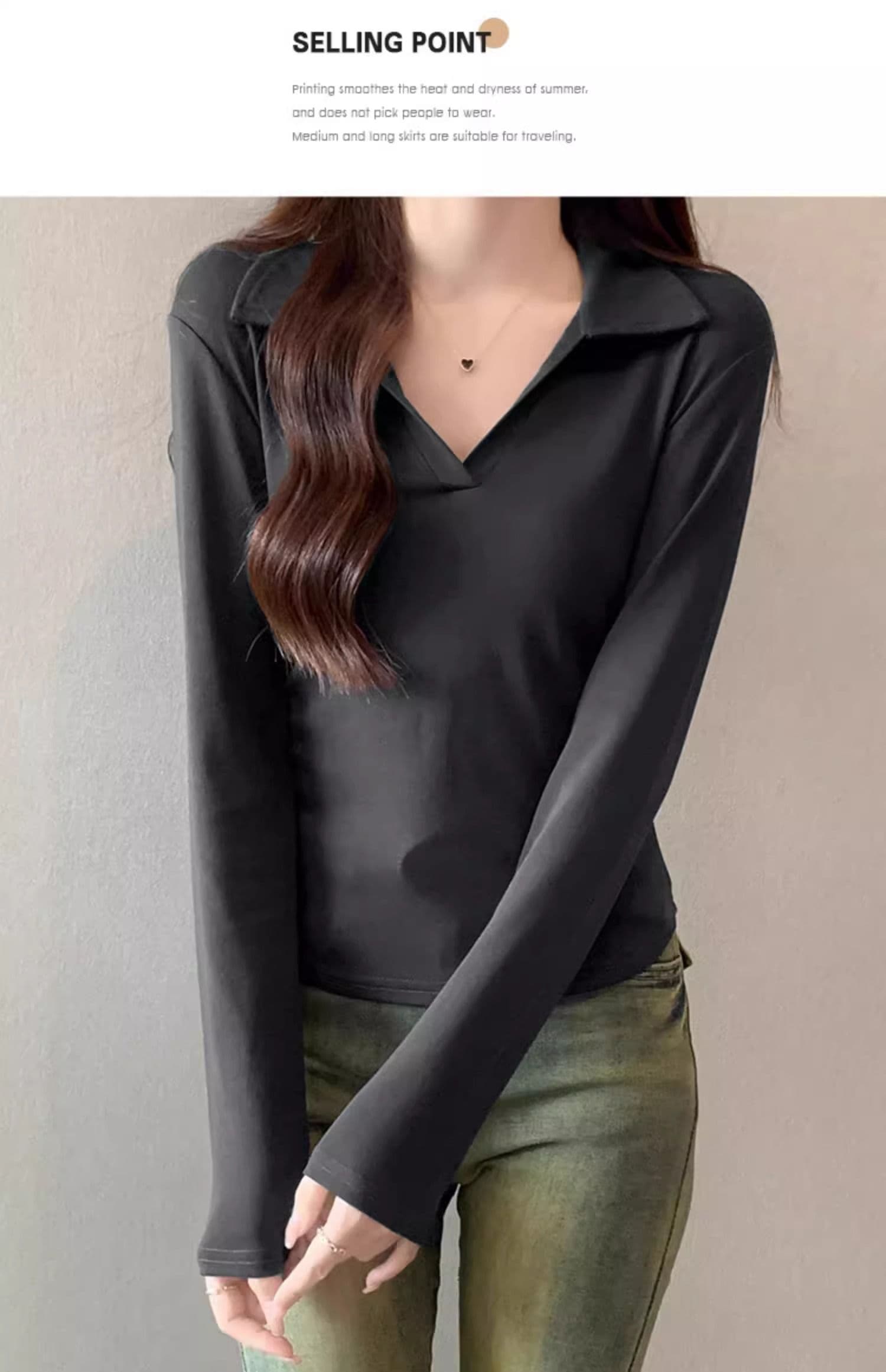 40 1 1 리브 면 허리 수축 POLO 칼라 긴팔 기본 셔츠 여성 가을 핫걸 펌프 Pleat 티셔츠 슬림해 보이는 맨위 상세 이미지 23