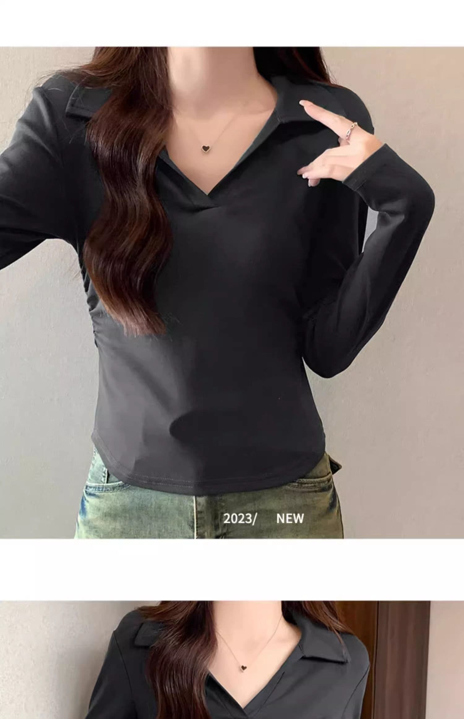 40 1 1 리브 면 허리 수축 POLO 칼라 긴팔 기본 셔츠 여성 가을 핫걸 펌프 Pleat 티셔츠 슬림해 보이는 맨위 상세 이미지 25