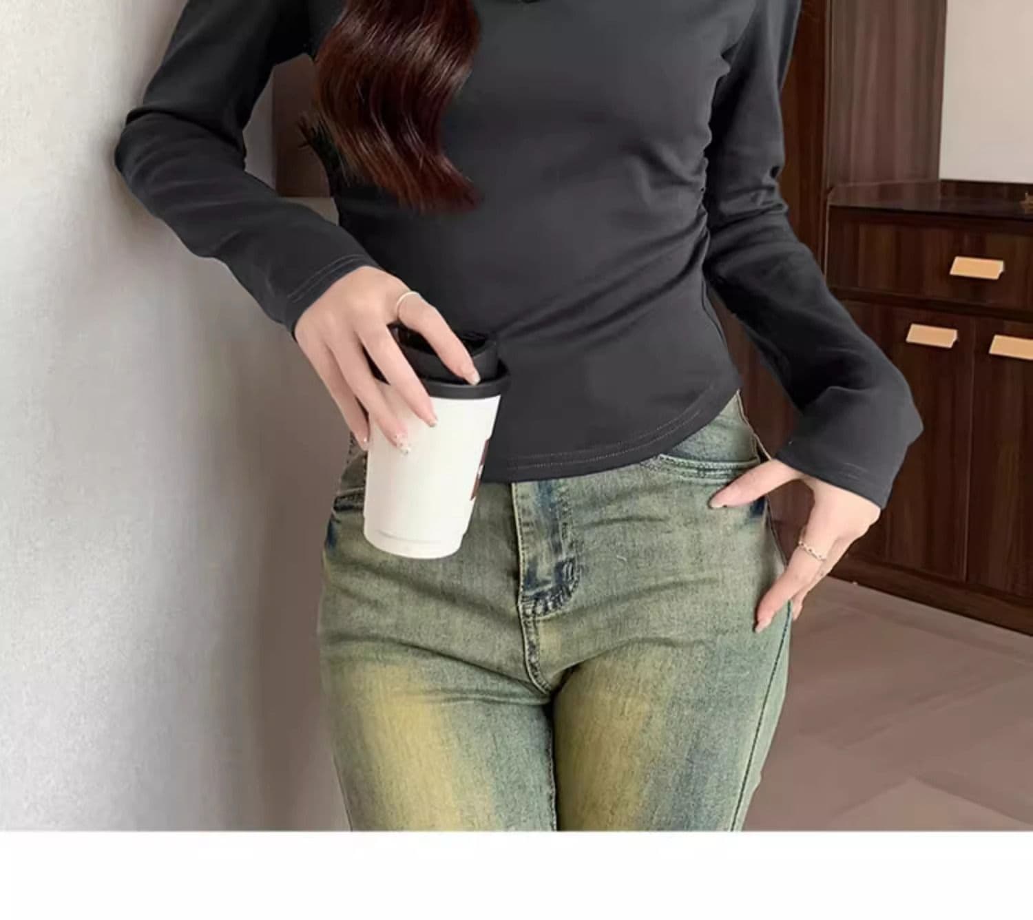 40 1 1 리브 면 허리 수축 POLO 칼라 긴팔 기본 셔츠 여성 가을 핫걸 펌프 Pleat 티셔츠 슬림해 보이는 맨위 상세 이미지 26