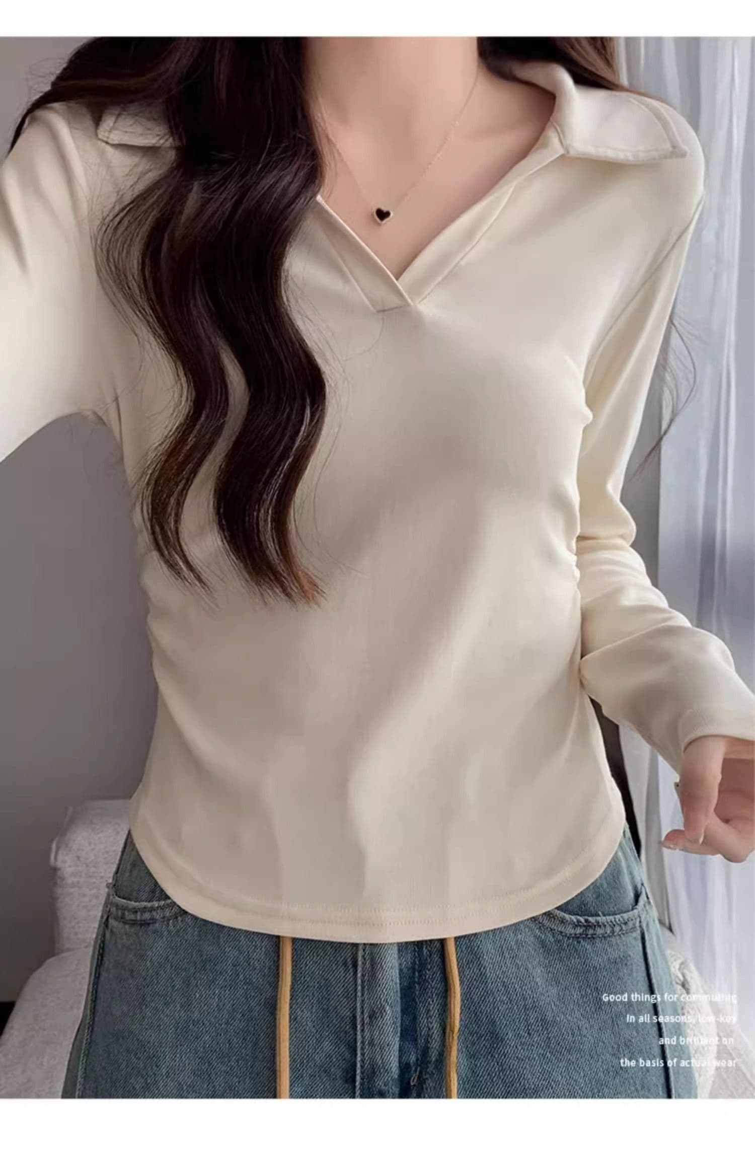 40 1 1 리브 면 허리 수축 POLO 칼라 긴팔 기본 셔츠 여성 가을 핫걸 펌프 Pleat 티셔츠 슬림해 보이는 맨위 상세 이미지 29