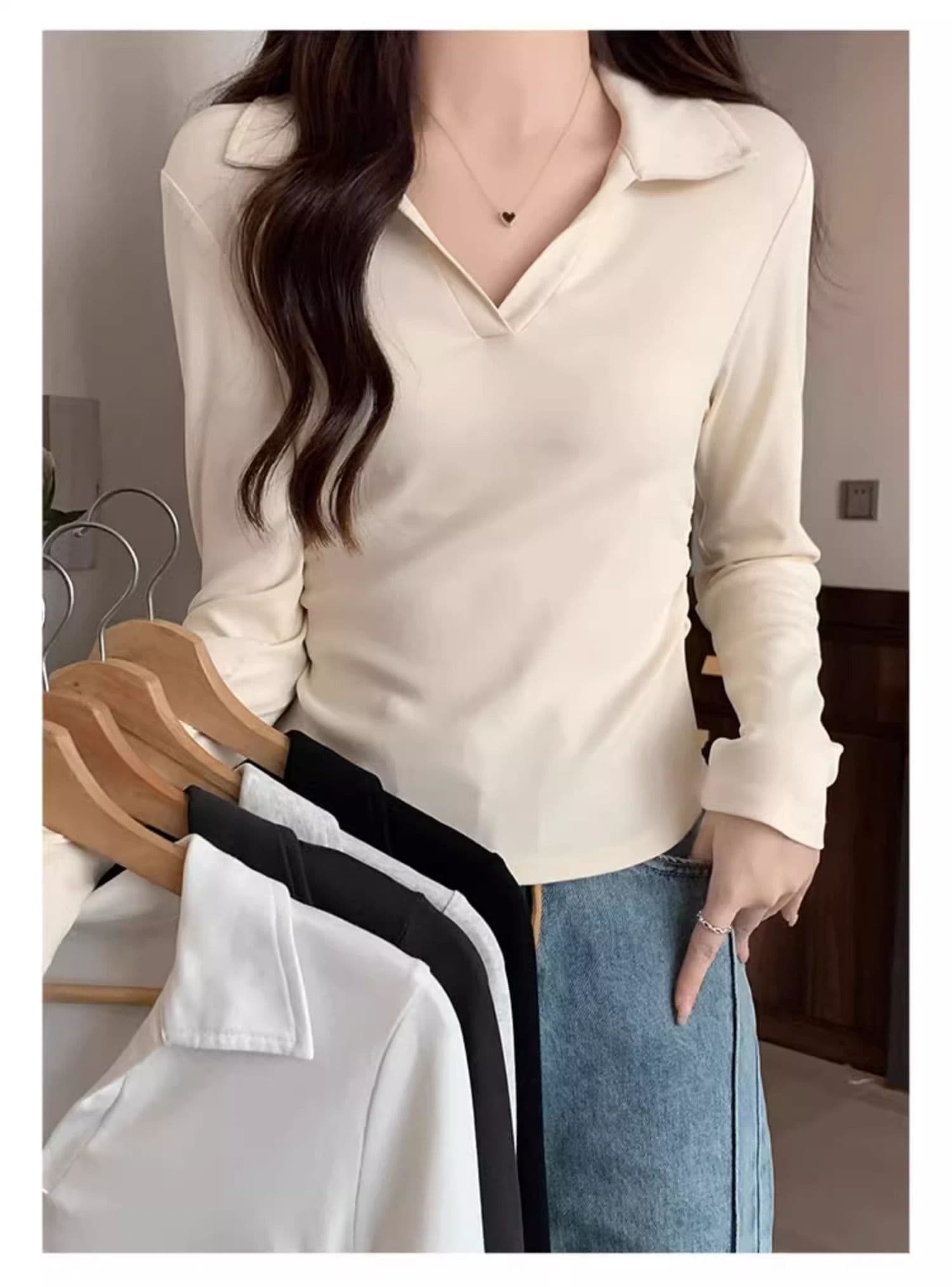 40 1 1 리브 면 허리 수축 POLO 칼라 긴팔 기본 셔츠 여성 가을 핫걸 펌프 Pleat 티셔츠 슬림해 보이는 맨위 상세 이미지 30