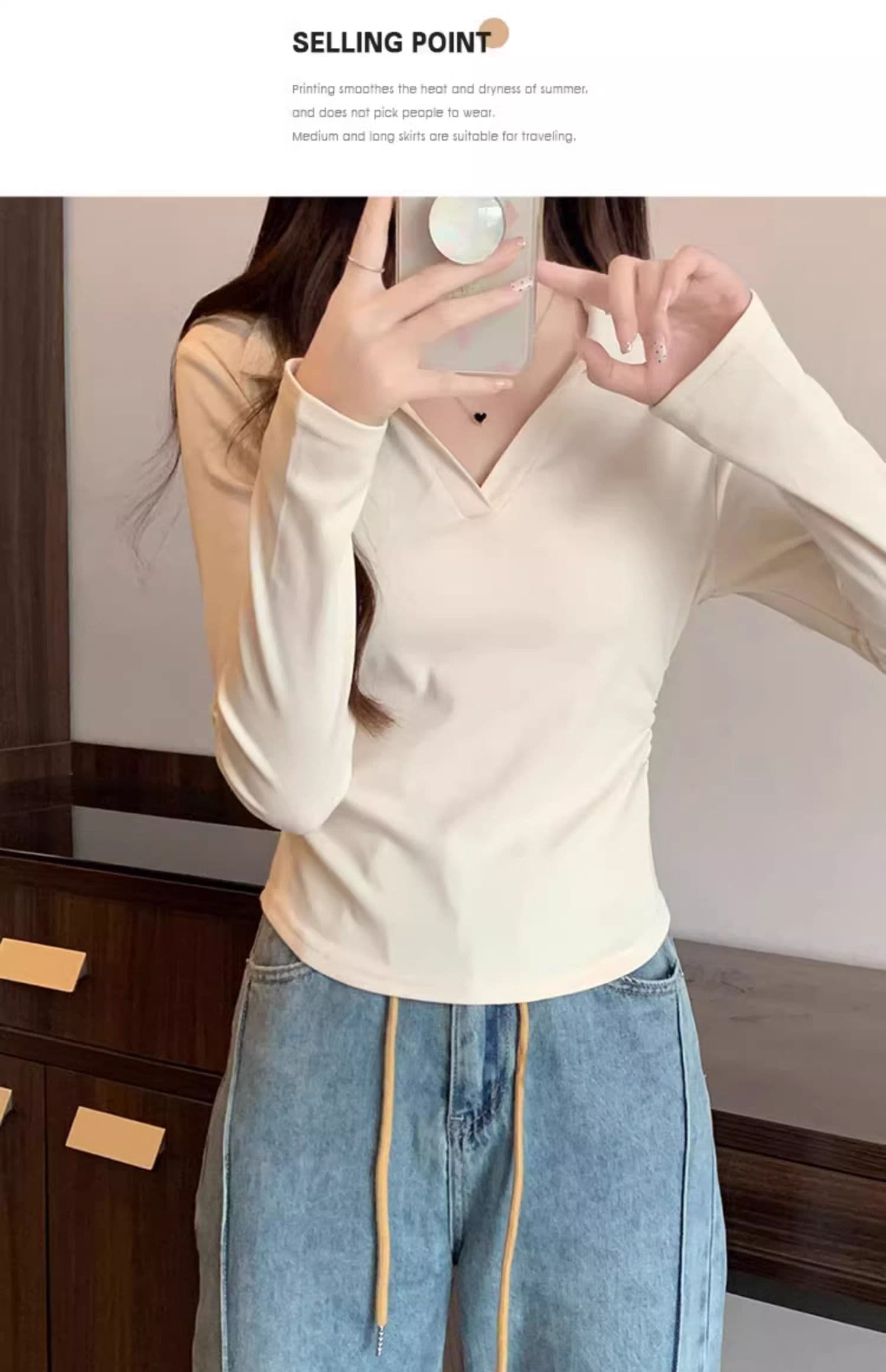 40 1 1 리브 면 허리 수축 POLO 칼라 긴팔 기본 셔츠 여성 가을 핫걸 펌프 Pleat 티셔츠 슬림해 보이는 맨위 상세 이미지 31