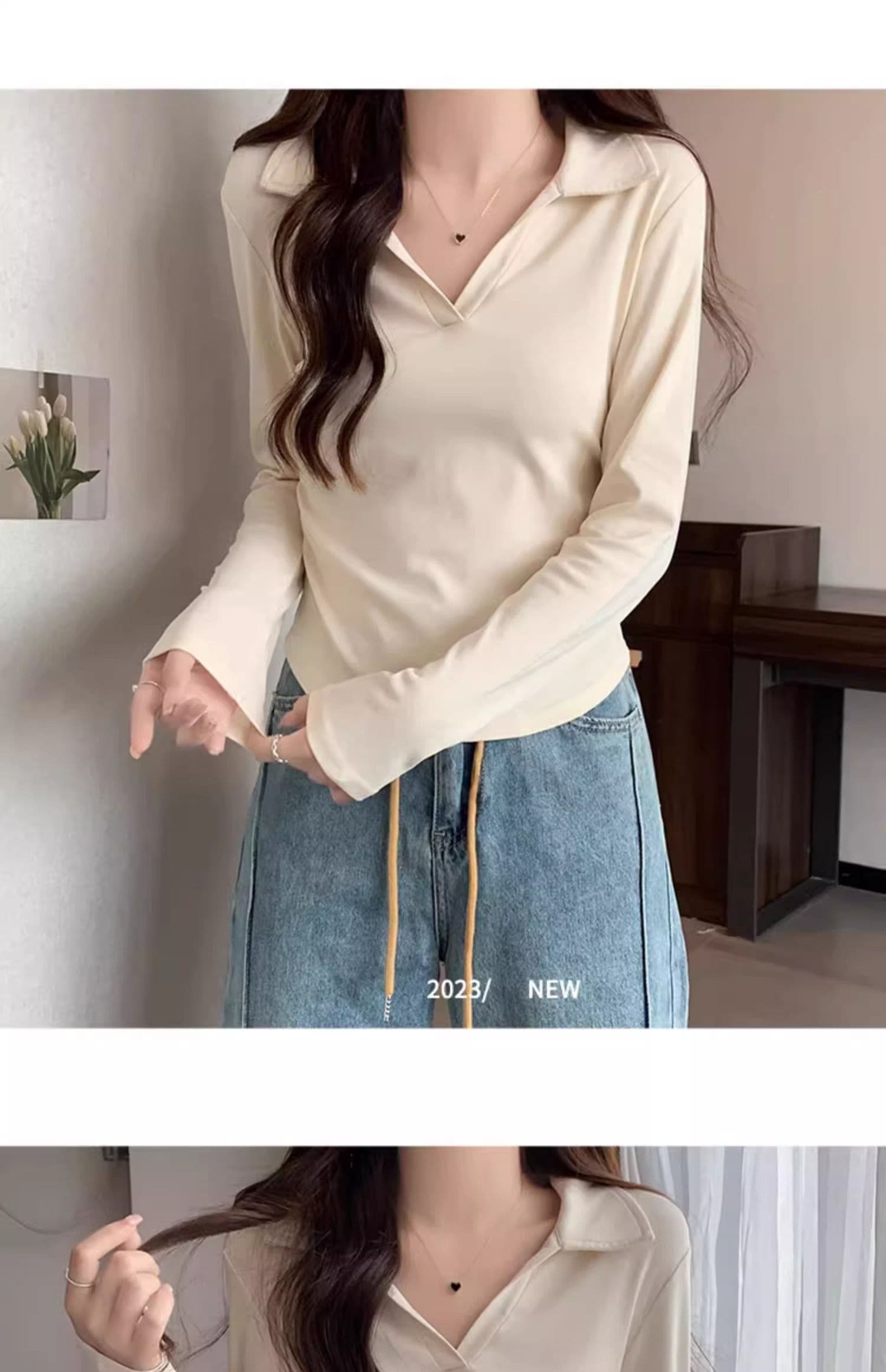 40 1 1 리브 면 허리 수축 POLO 칼라 긴팔 기본 셔츠 여성 가을 핫걸 펌프 Pleat 티셔츠 슬림해 보이는 맨위 상세 이미지 33