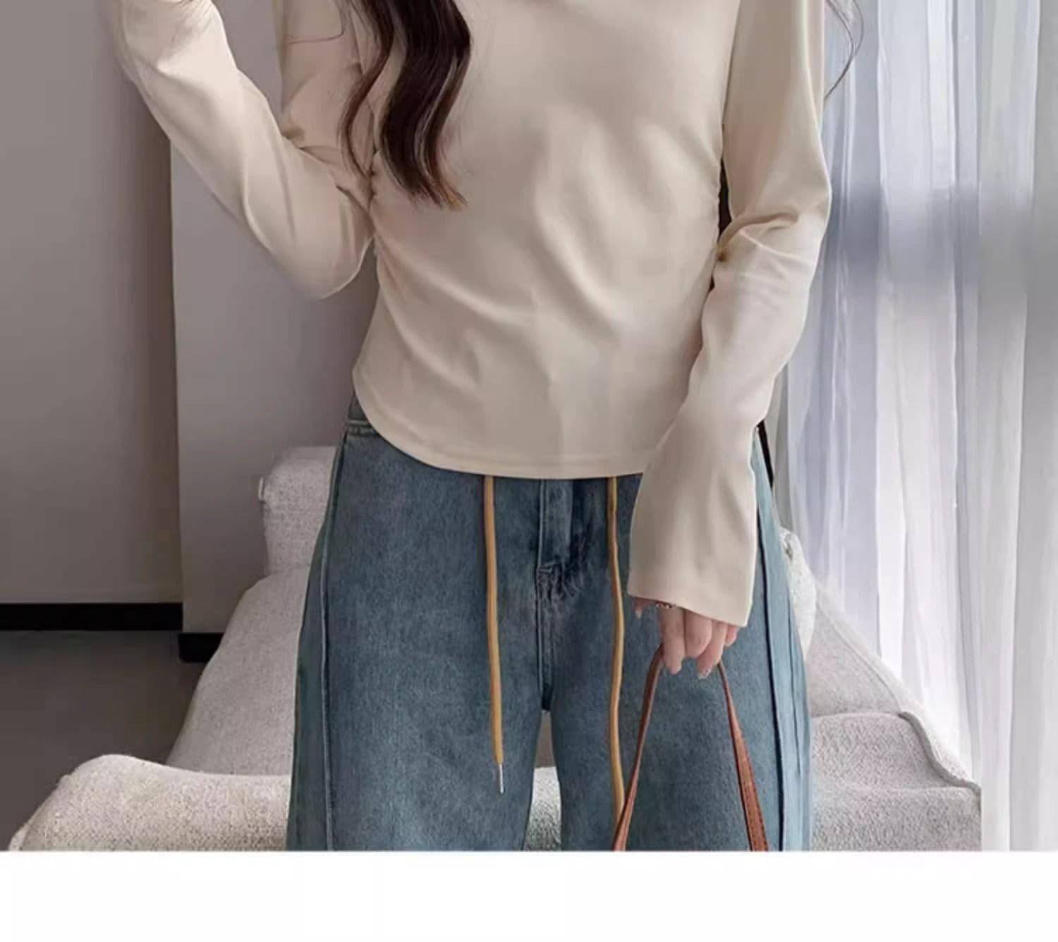 40 1 1 리브 면 허리 수축 POLO 칼라 긴팔 기본 셔츠 여성 가을 핫걸 펌프 Pleat 티셔츠 슬림해 보이는 맨위 상세 이미지 34
