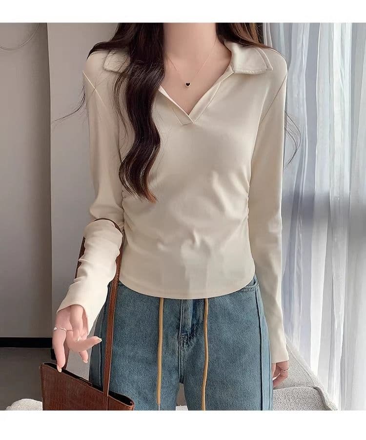 40 1 1 리브 면 허리 수축 POLO 칼라 긴팔 기본 셔츠 여성 가을 핫걸 펌프 Pleat 티셔츠 슬림해 보이는 맨위 상세 이미지 35
