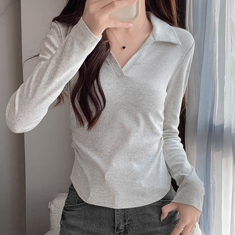 40 1 1 리브 면 허리 수축 POLO 칼라 긴팔 기본 셔츠 여성 가을 핫걸 펌프 Pleat 티셔츠 슬림해 보이는 맨위 상세 이미지 38