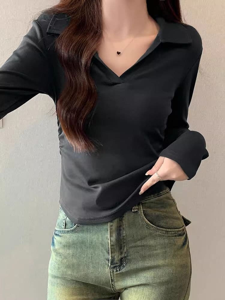 40 1 1 리브 면 허리 수축 POLO 칼라 긴팔 기본 셔츠 여성 가을 핫걸 펌프 Pleat 티셔츠 슬림해 보이는 맨위 상세 이미지 39