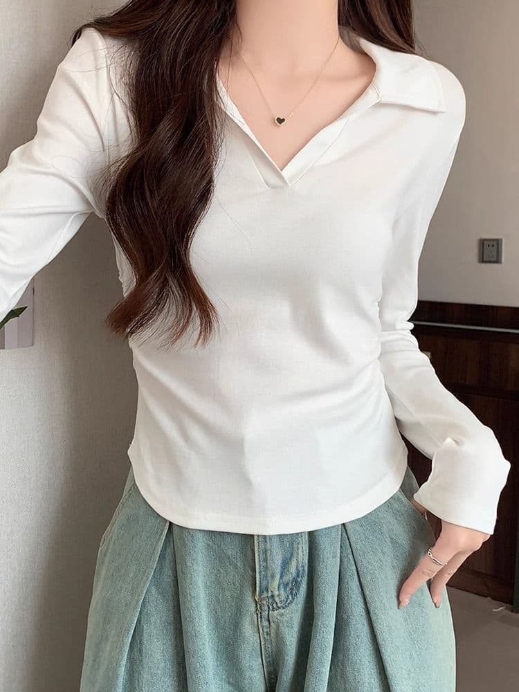 40 1 1 리브 면 허리 수축 POLO 칼라 긴팔 기본 셔츠 여성 가을 핫걸 펌프 Pleat 티셔츠 슬림해 보이는 맨위 상세 이미지 40