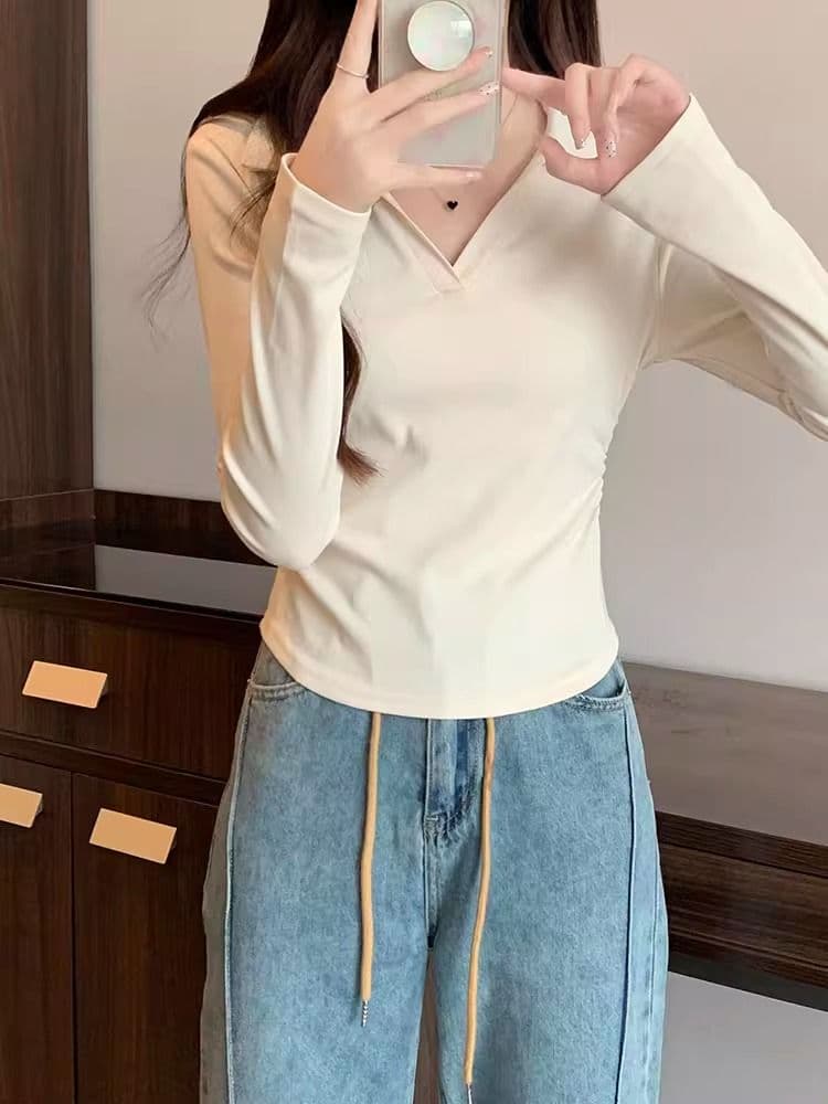 40 1 1 리브 면 허리 수축 POLO 칼라 긴팔 기본 셔츠 여성 가을 핫걸 펌프 Pleat 티셔츠 슬림해 보이는 맨위 상세 이미지 41