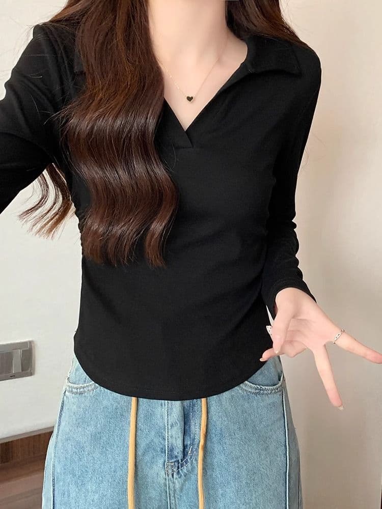 40 1 1 리브 면 허리 수축 POLO 칼라 긴팔 기본 셔츠 여성 가을 핫걸 펌프 Pleat 티셔츠 슬림해 보이는 맨위 상세 이미지 42