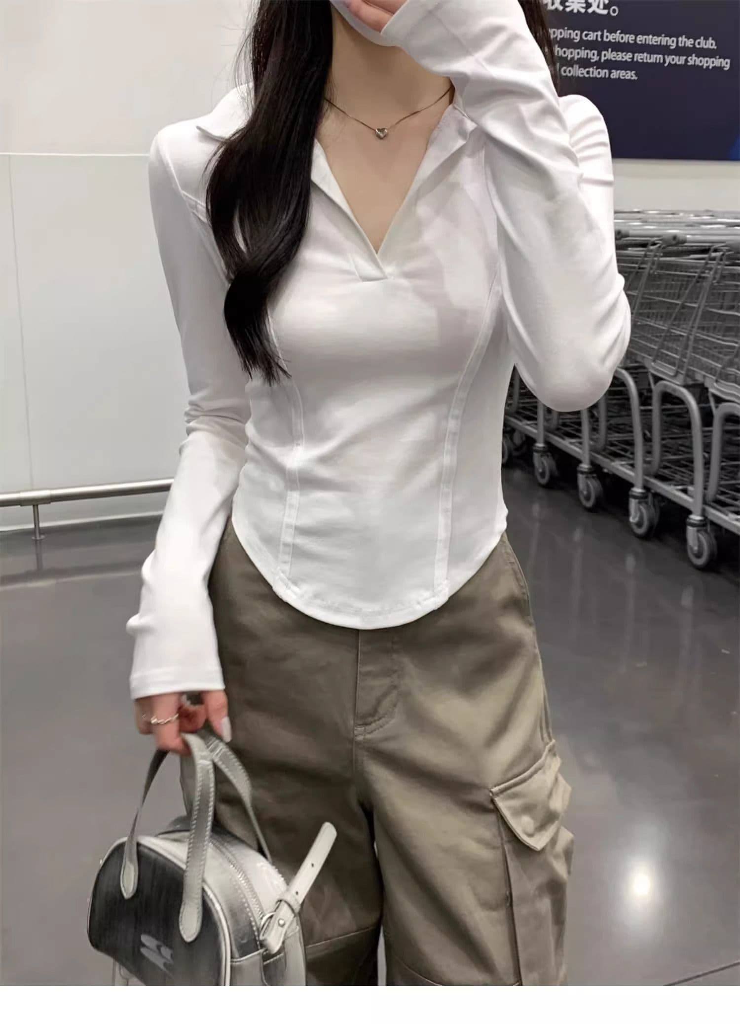 40 1 1 리브 면 아메리칸 POLO 칼라 다용도 생선뼈 긍정적 인 어깨 열기 펌프 POLO 칼라 몸매 가꾸기 긴팔 티셔츠 상세 이미지 4