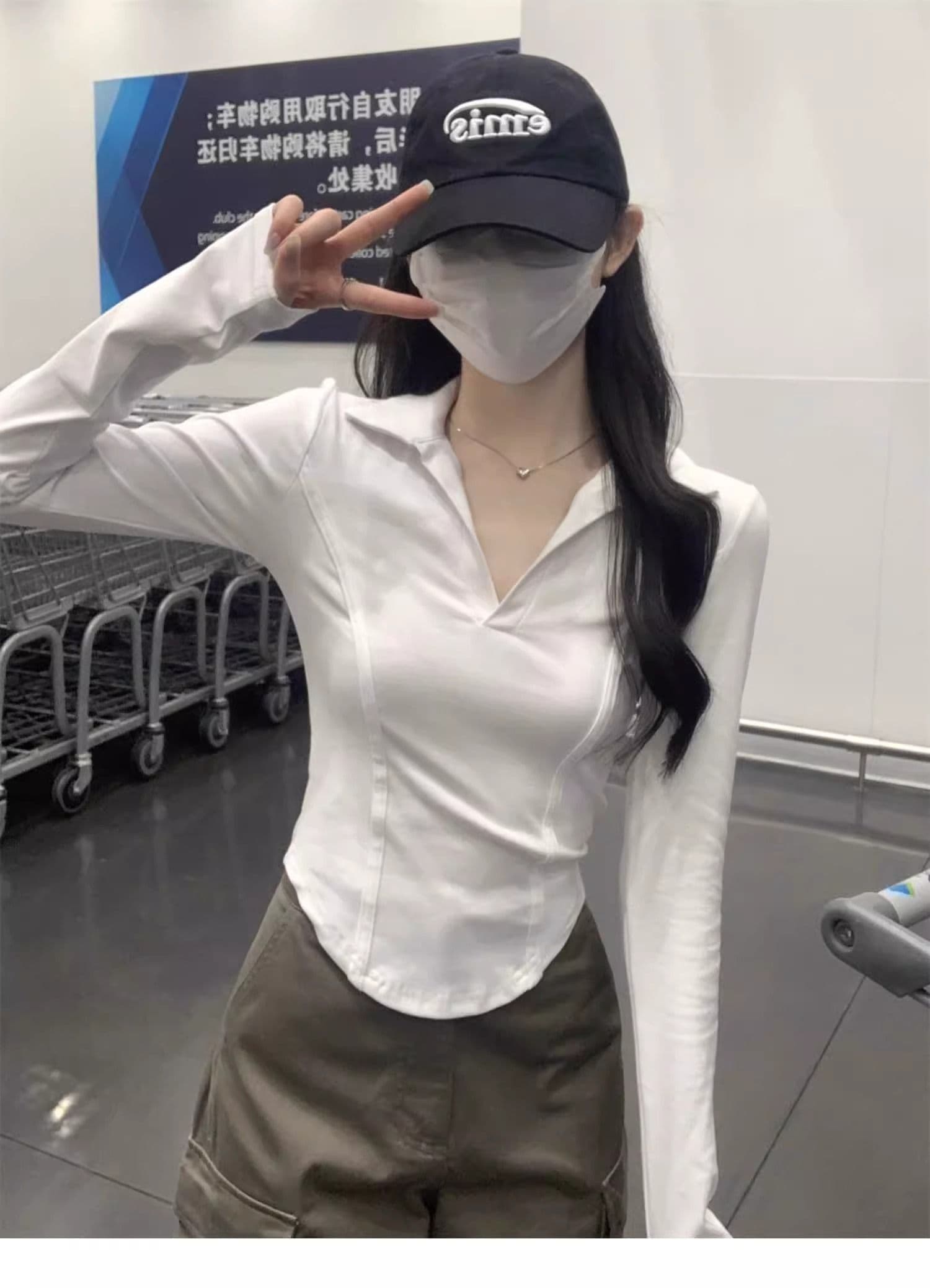 40 1 1 리브 면 아메리칸 POLO 칼라 다용도 생선뼈 긍정적 인 어깨 열기 펌프 POLO 칼라 몸매 가꾸기 긴팔 티셔츠 상세 이미지 5