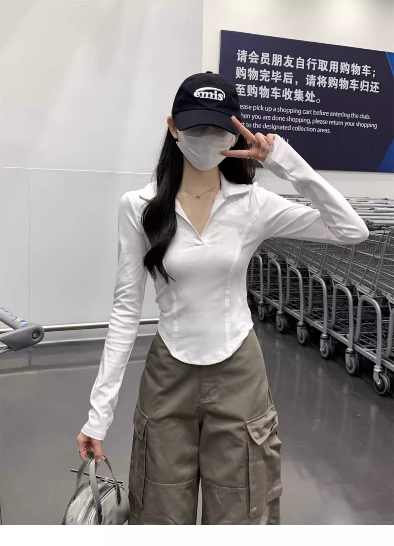 40 1 1 리브 면 아메리칸 POLO 칼라 다용도 생선뼈 긍정적 인 어깨 열기 펌프 POLO 칼라 몸매 가꾸기 긴팔 티셔츠 상세 이미지 7