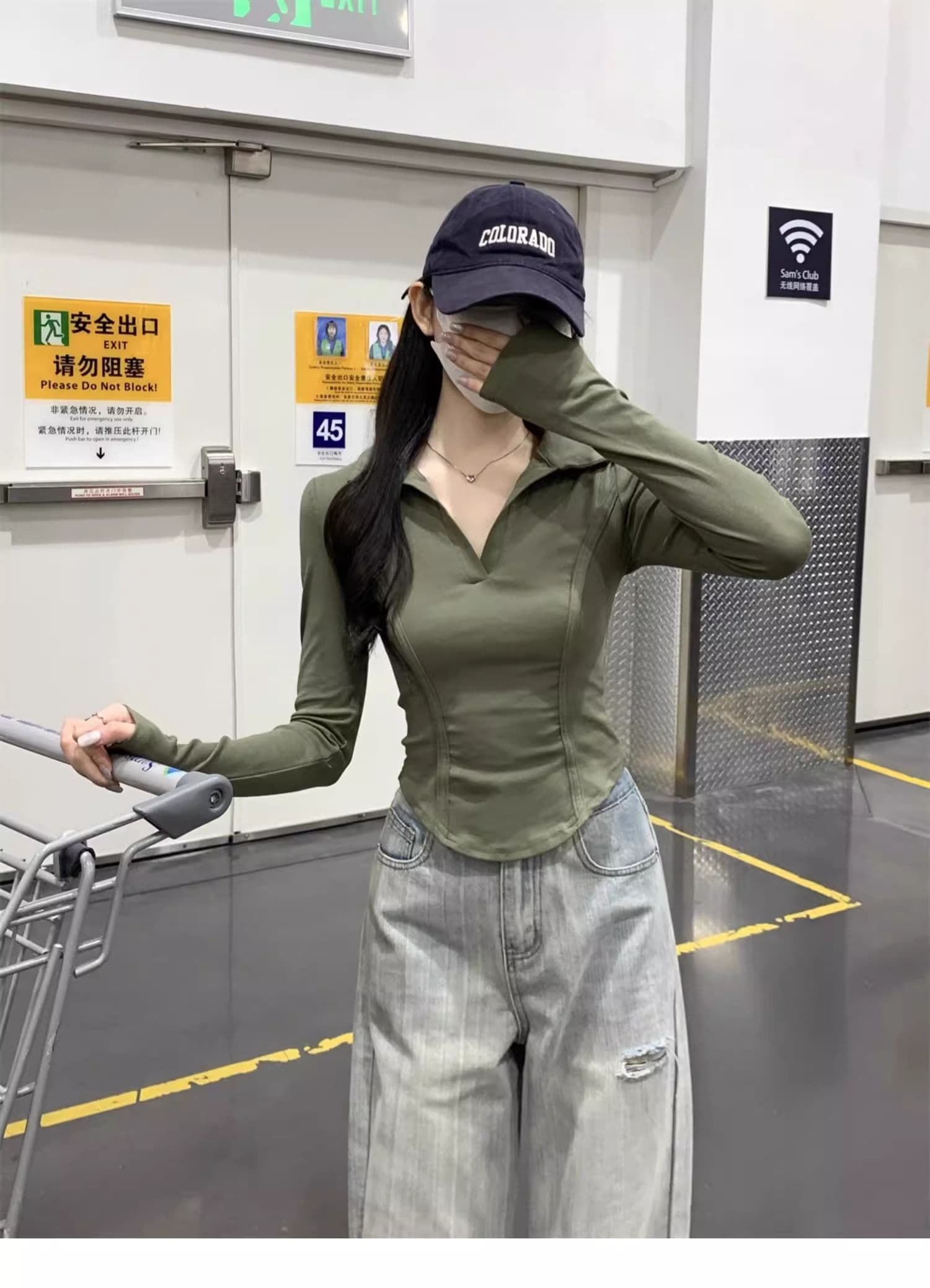 40 1 1 리브 면 아메리칸 POLO 칼라 다용도 생선뼈 긍정적 인 어깨 열기 펌프 POLO 칼라 몸매 가꾸기 긴팔 티셔츠 상세 이미지 9