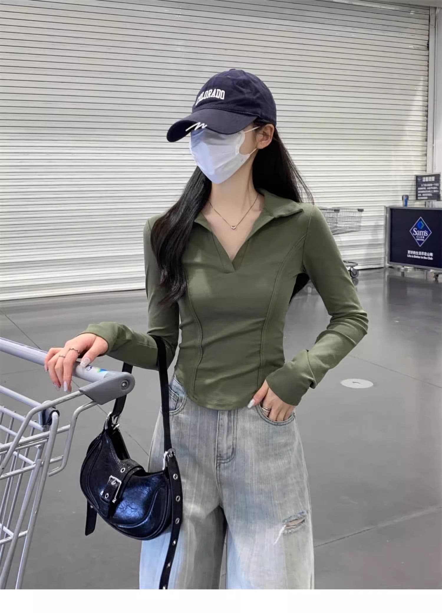 40 1 1 리브 면 아메리칸 POLO 칼라 다용도 생선뼈 긍정적 인 어깨 열기 펌프 POLO 칼라 몸매 가꾸기 긴팔 티셔츠 상세 이미지 11
