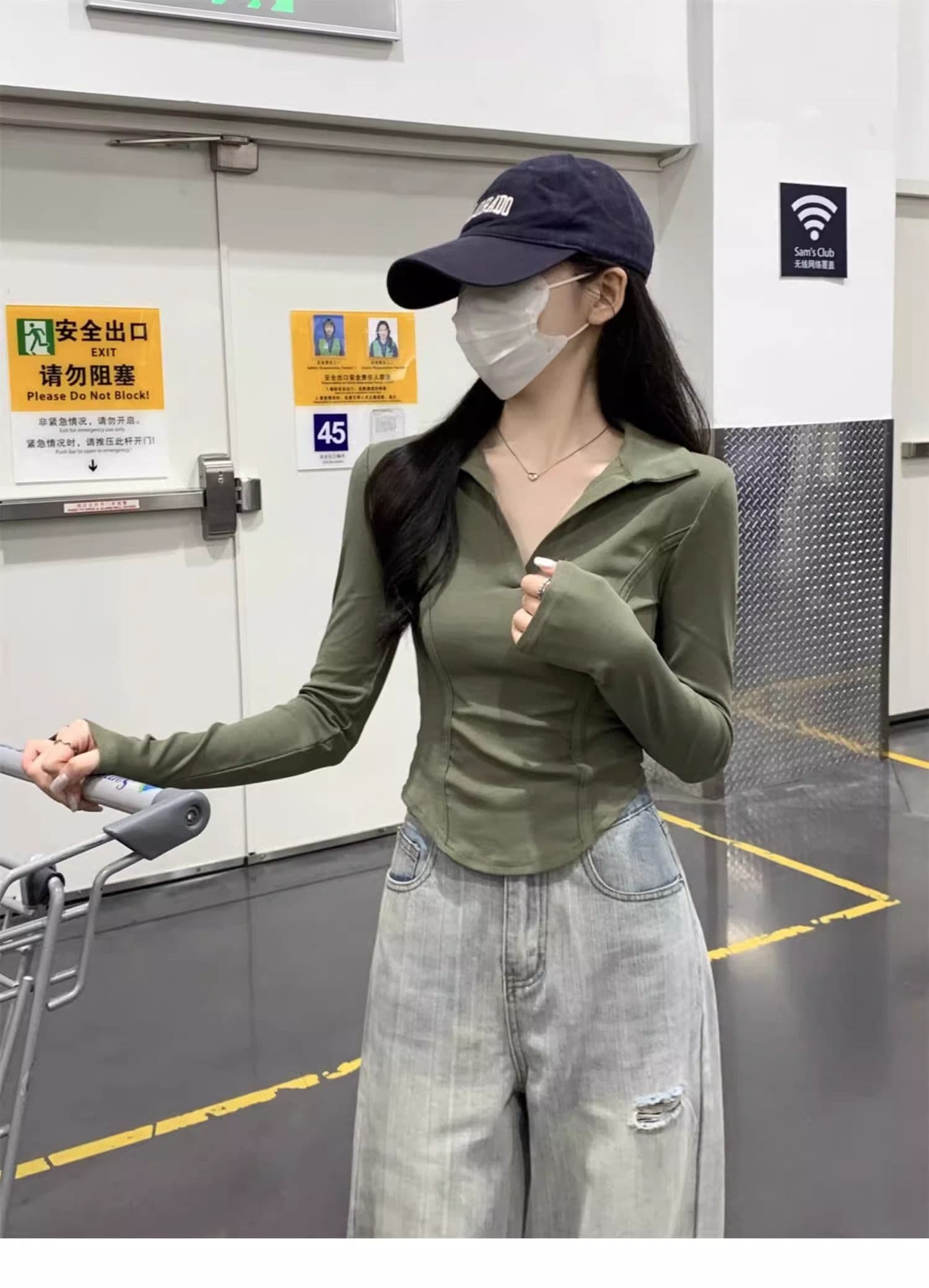 40 1 1 리브 면 아메리칸 POLO 칼라 다용도 생선뼈 긍정적 인 어깨 열기 펌프 POLO 칼라 몸매 가꾸기 긴팔 티셔츠 상세 이미지 13