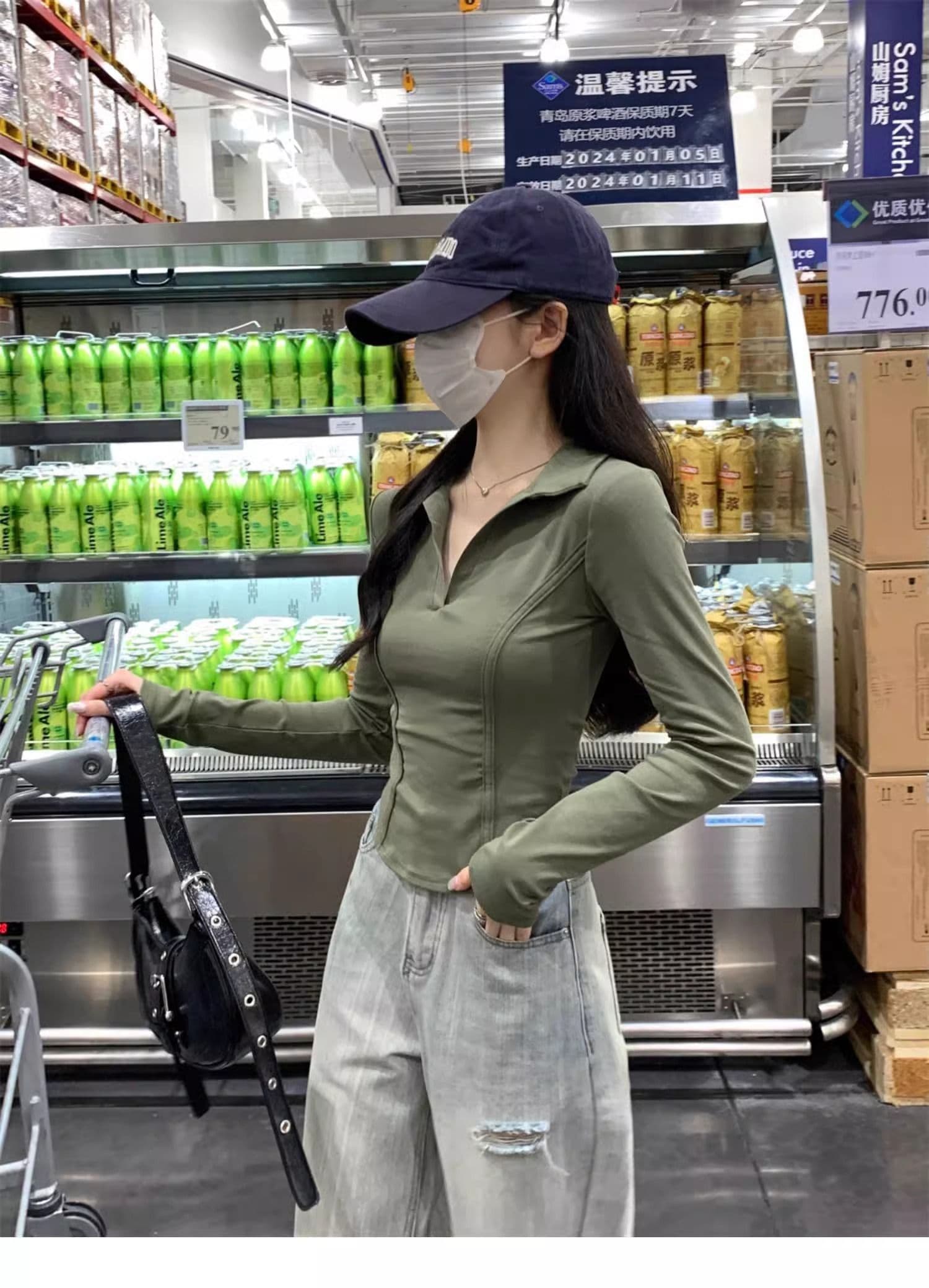 40 1 1 리브 면 아메리칸 POLO 칼라 다용도 생선뼈 긍정적 인 어깨 열기 펌프 POLO 칼라 몸매 가꾸기 긴팔 티셔츠 상세 이미지 14