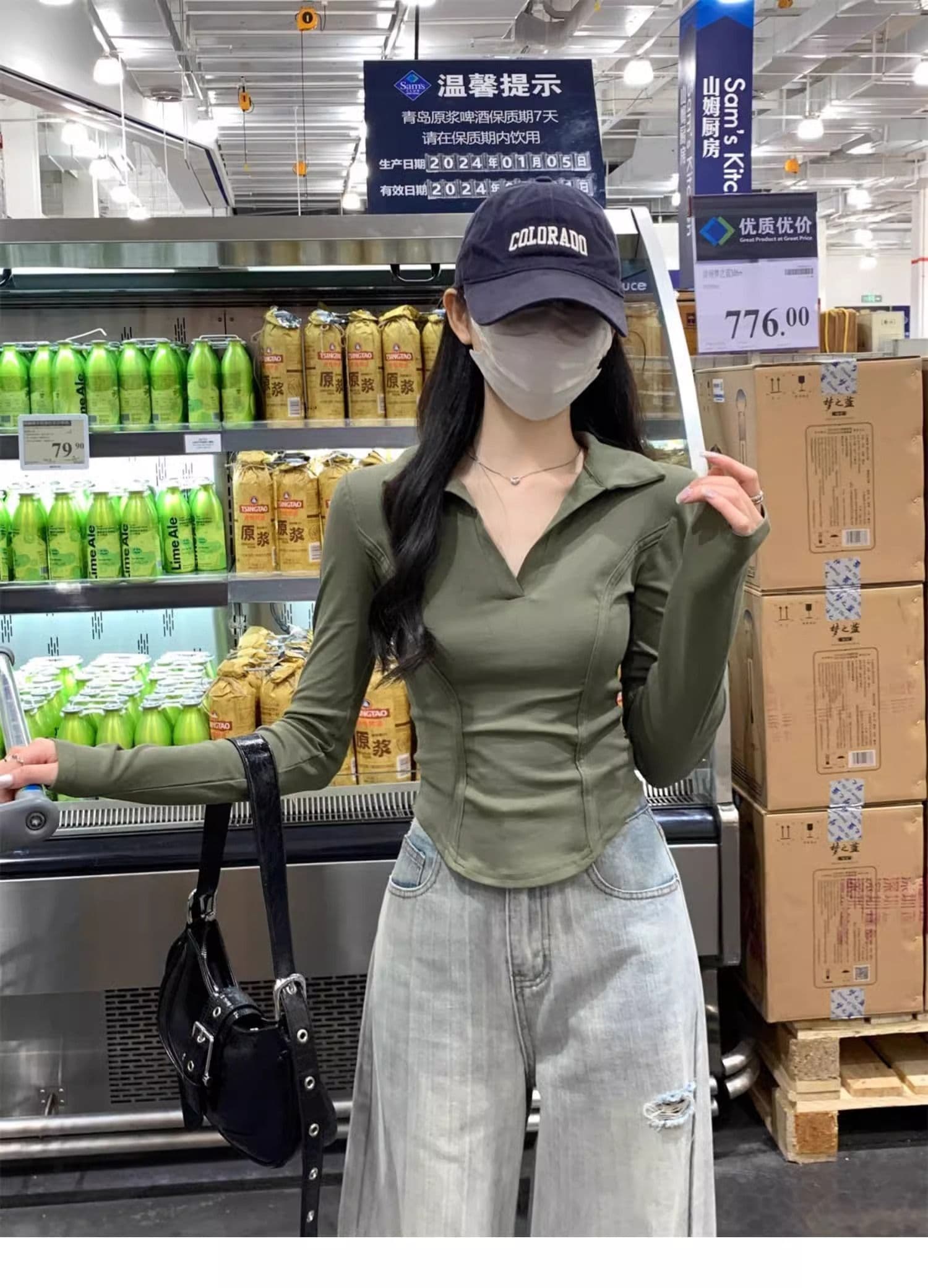 40 1 1 리브 면 아메리칸 POLO 칼라 다용도 생선뼈 긍정적 인 어깨 열기 펌프 POLO 칼라 몸매 가꾸기 긴팔 티셔츠 상세 이미지 15
