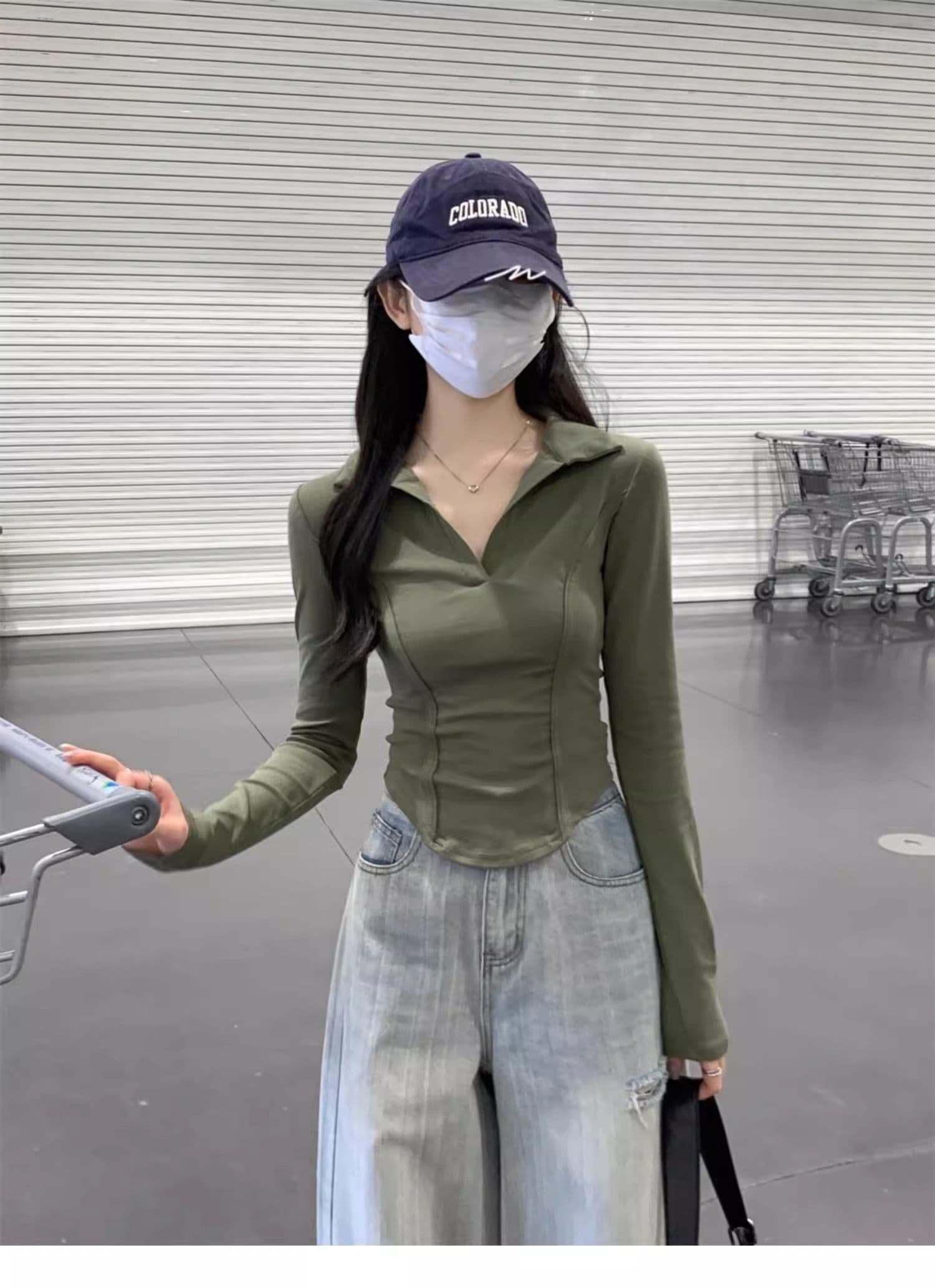 40 1 1 리브 면 아메리칸 POLO 칼라 다용도 생선뼈 긍정적 인 어깨 열기 펌프 POLO 칼라 몸매 가꾸기 긴팔 티셔츠 상세 이미지 16