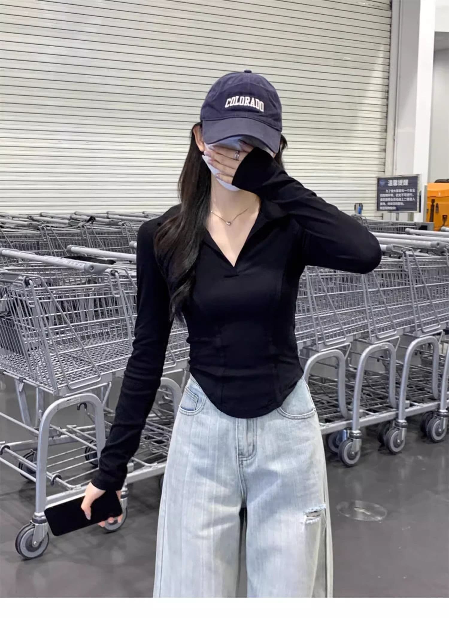40 1 1 리브 면 아메리칸 POLO 칼라 다용도 생선뼈 긍정적 인 어깨 열기 펌프 POLO 칼라 몸매 가꾸기 긴팔 티셔츠 상세 이미지 17