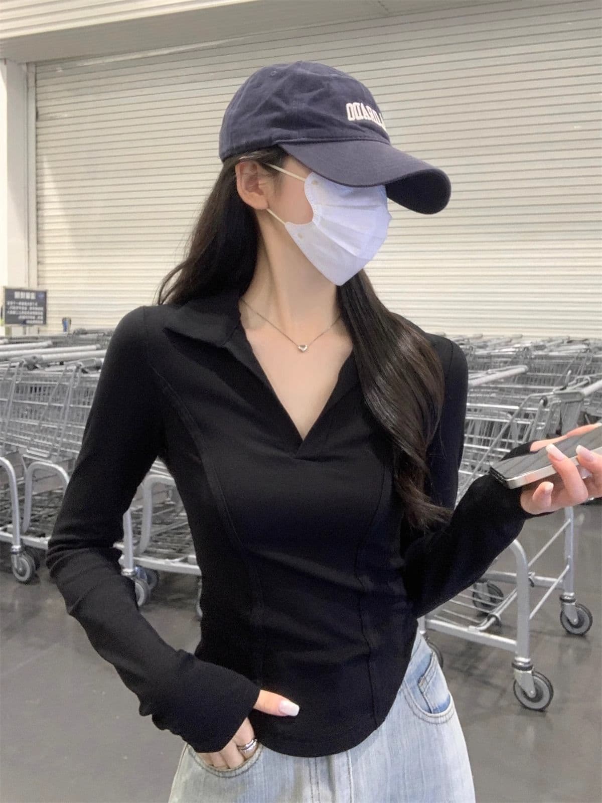 40 1 1 리브 면 아메리칸 POLO 칼라 다용도 생선뼈 긍정적 인 어깨 열기 펌프 POLO 칼라 몸매 가꾸기 긴팔 티셔츠 상세 이미지 18