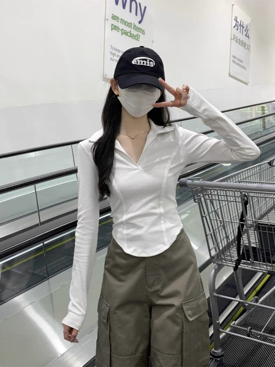 40 1 1 리브 면 아메리칸 POLO 칼라 다용도 생선뼈 긍정적 인 어깨 열기 펌프 POLO 칼라 몸매 가꾸기 긴팔 티셔츠 상세 이미지 19