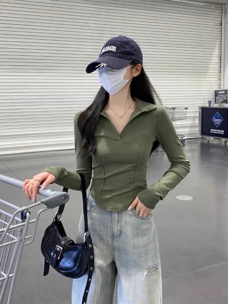 40 1 1 리브 면 아메리칸 POLO 칼라 다용도 생선뼈 긍정적 인 어깨 열기 펌프 POLO 칼라 몸매 가꾸기 긴팔 티셔츠 상세 이미지 20