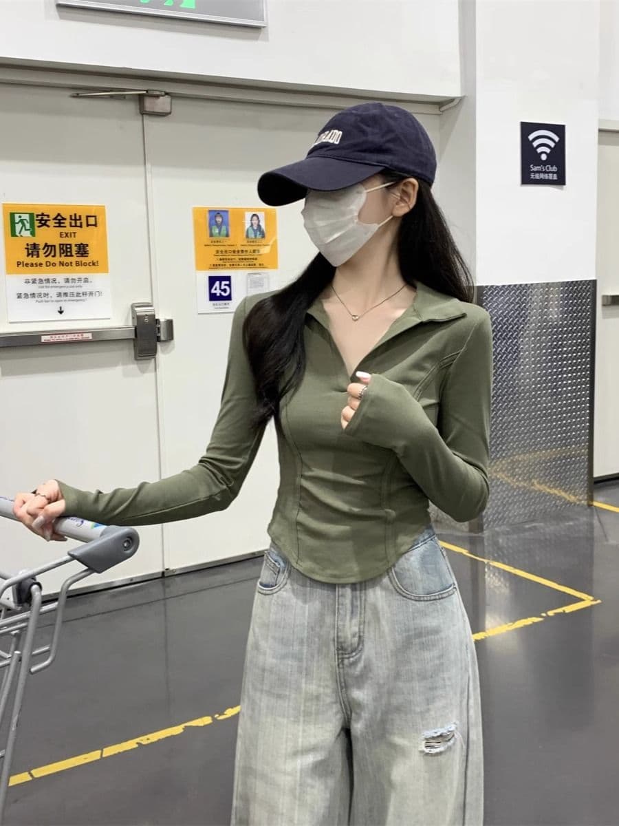 40 1 1 리브 면 아메리칸 POLO 칼라 다용도 생선뼈 긍정적 인 어깨 열기 펌프 POLO 칼라 몸매 가꾸기 긴팔 티셔츠 상세 이미지 21