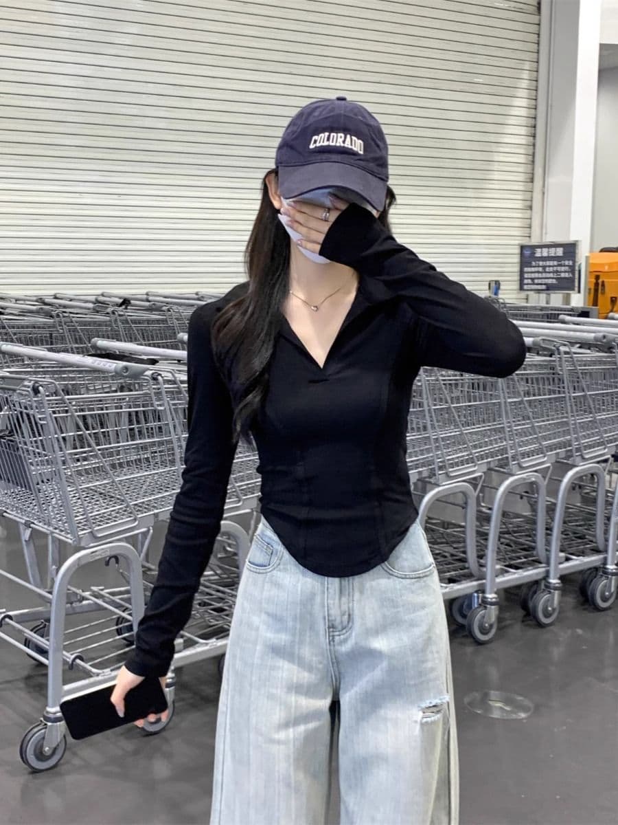 40 1 1 리브 면 아메리칸 POLO 칼라 다용도 생선뼈 긍정적 인 어깨 열기 펌프 POLO 칼라 몸매 가꾸기 긴팔 티셔츠 상세 이미지 22